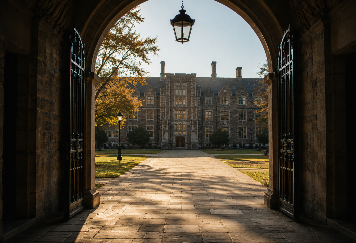 View of a historic stone college building through an open arched gate, with a paved walkway, trees, and street lamps in the foreground, during autumn. Ivy League environment