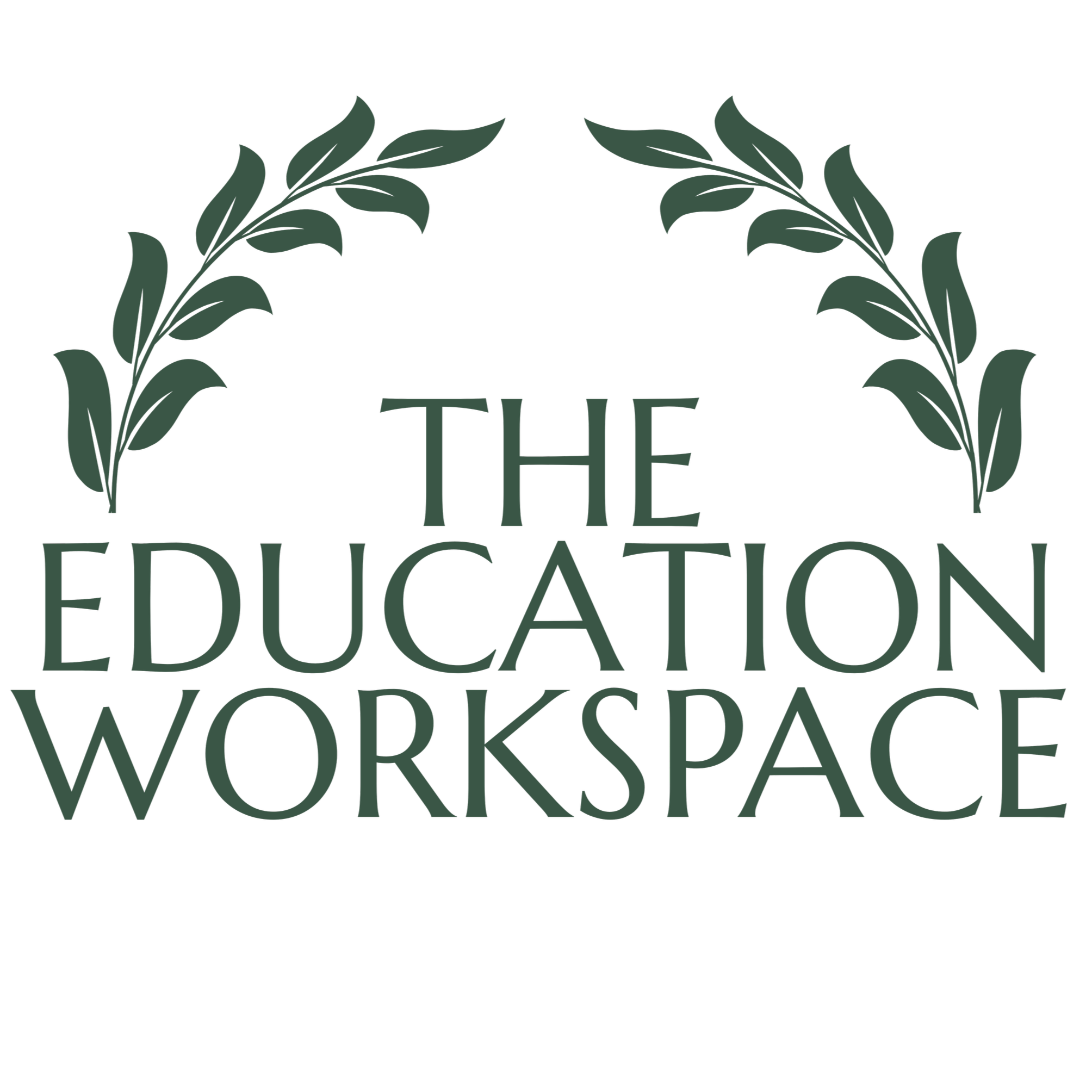 Educational consulting, targeted workshops, student mentoring. The image features a black background with green leafy branches framing the text "The Education Workspace" in large, green letters.