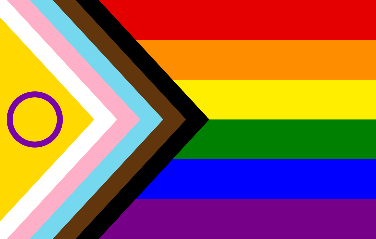 A digital illustration of a rainbow pride flag with a pink, white, light blue, brown, and black chevron on the left, and a purple circle in the yellow triangle on the left side.