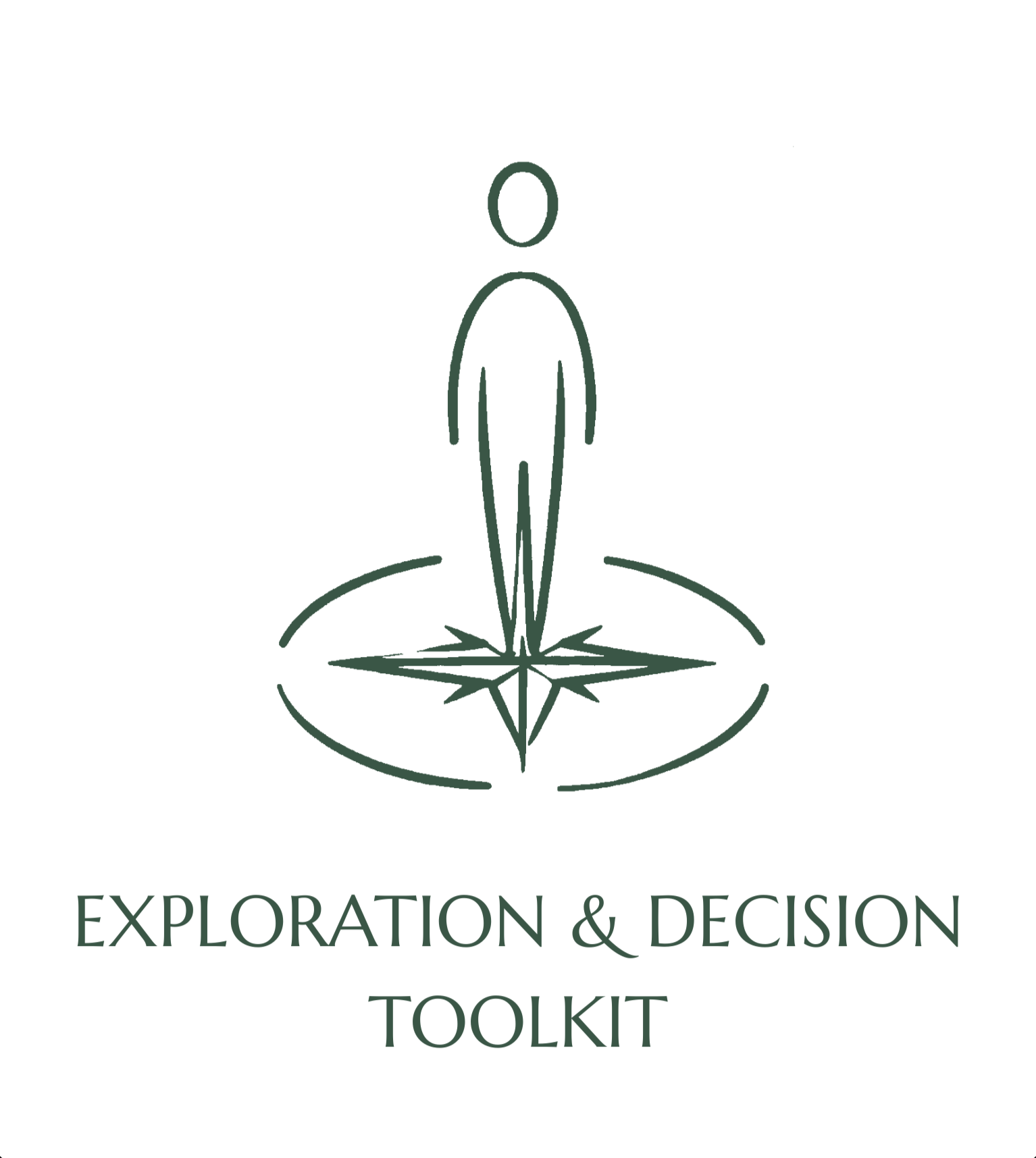 Line drawing of a person standing on a compass, with the text "Exploration & Decision Toolbox" below. Ivy League educator, University of Pennsylvania, Psychology Department, Positive Psychology. The Education Workspace. Higher Education.
