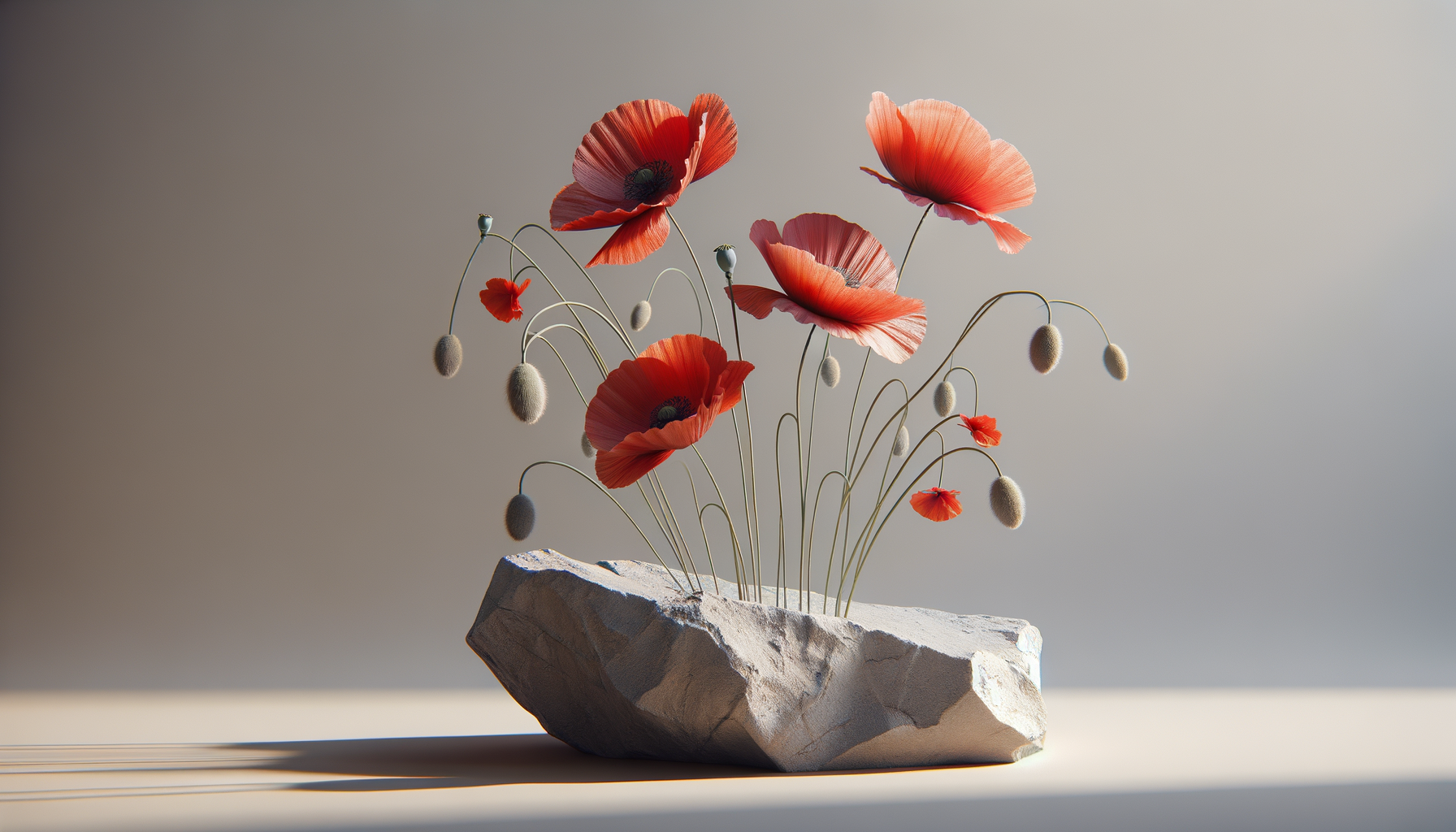 A floral arrangement of red poppies with slender stems and fuzzy seed pods in a rough, irregular white stone container on a neutral background.