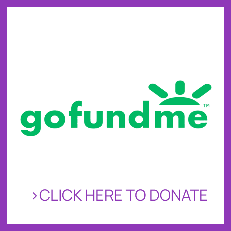 GoFundMe logo with a raised hand and sun icon, and the text "Click here to donate" in purple.