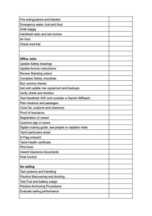A checklist document listing supplies and tasks for emergency preparedness, office jobs, and sailing, including fire extinguishers, safety drawings, anchor instructions, safety checklists, chart verification, vessel registration, and sailing practice.