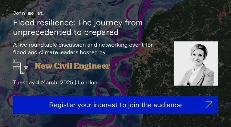 Event poster for a flood resilience discussion, featuring a map background, event date March 4, 2025, in London, with a black and white photo of a smiling woman, and a blue button to register interest.