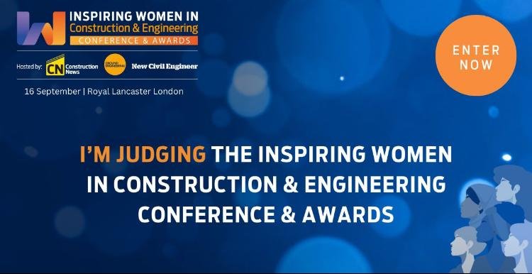 Event banner for Inspiring Women in Construction & Engineering Conference & Awards, hosted by Construction News and New Civil Engineer, on September 16 at Royal Lancaster London, with a call to action button labeled 'Enter Now' and a blue background 