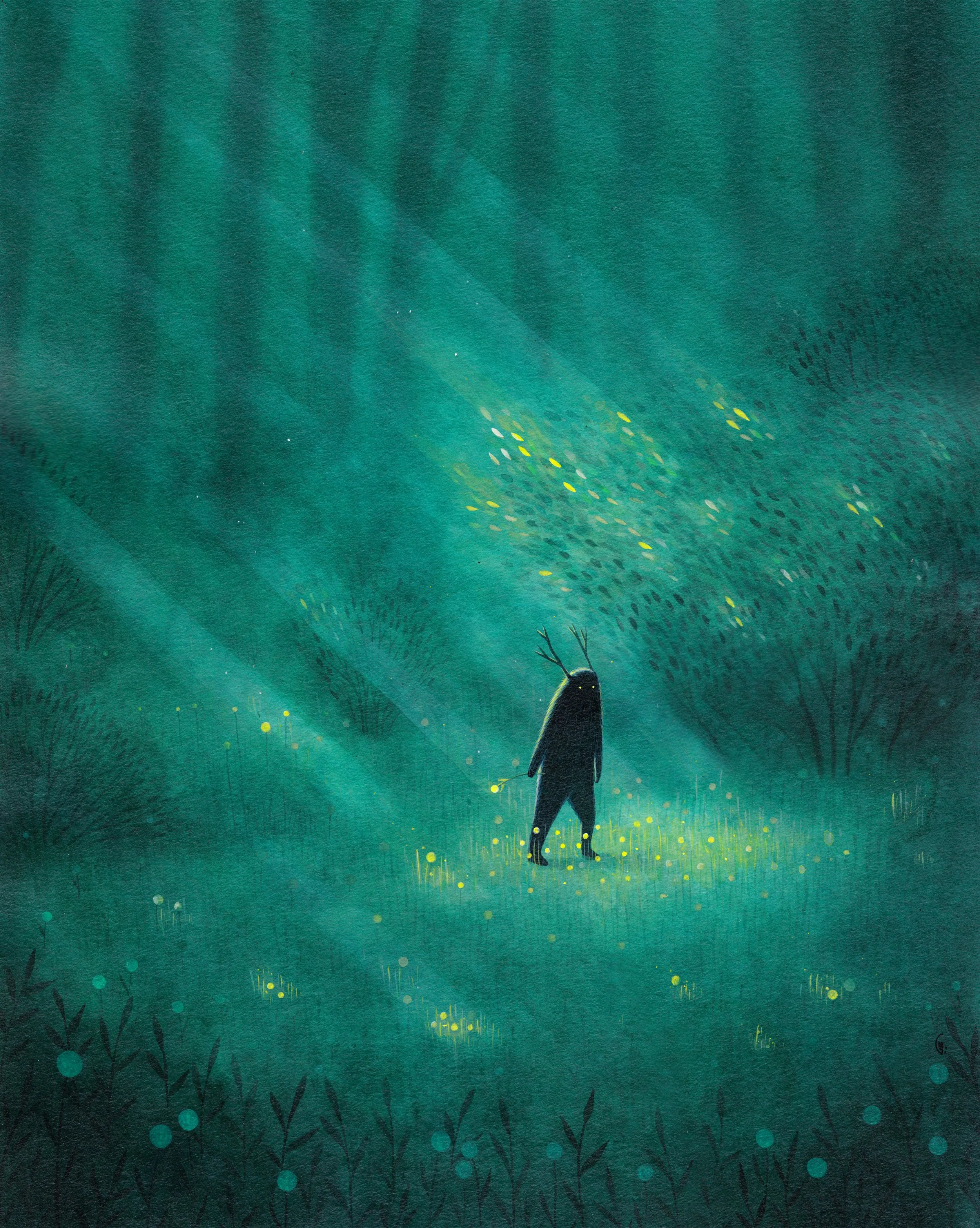 personnage-ombre qui marche tranquillement dans la forêt traversée de raies de lumière qui passe entre les feuillages. Peinture encres acryliques sur papier, Gaëlle Vejlupek