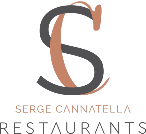 Logo de Serge CANNOTELLA Restaurants avec un symbole stylisé en forme de 'S' en gris et marron sur fond noir.
