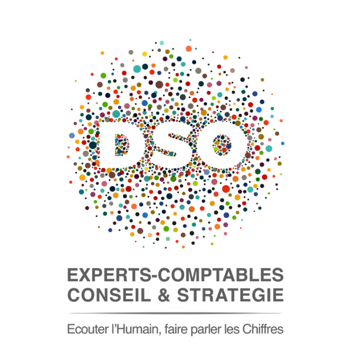Logo avec le mot 'DSO' en lettres colorées et le texte 'EXPERTS-COMPTABLES CONSEIL & STRATÉGIE' en dessous, suivi de la phrase 'Écouter l'humain, faire parler les chiffres'.
