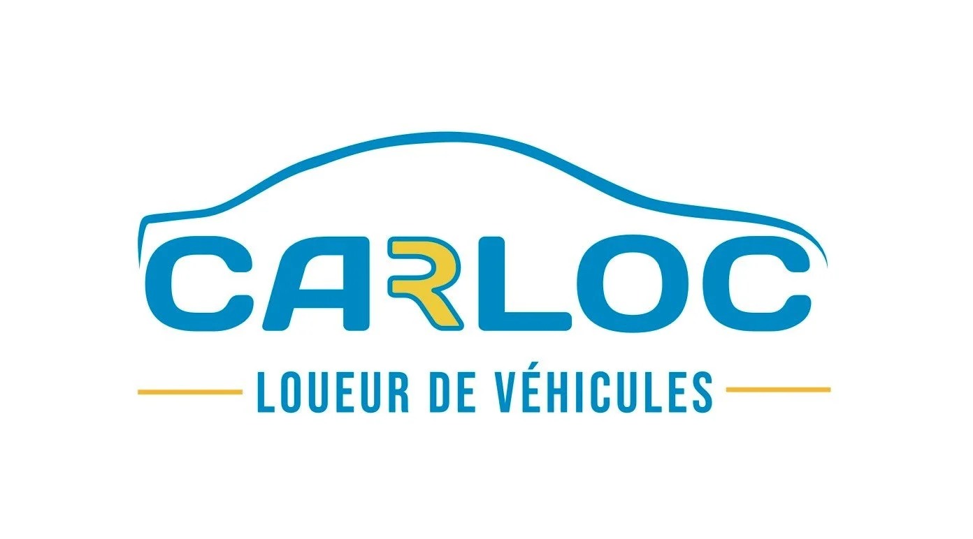 Logo avec profil de voiture stylisée en ligne bleue, texte CARLOC en bleu avec le R vert et jaune, sous-titre LOUEUR DE VÉHICULES en bleu, accents jaunes.