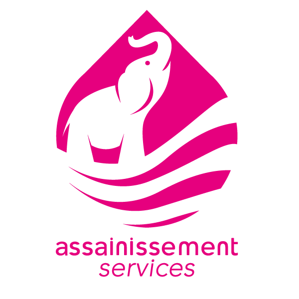 Logo avec un éléphant stylisé en noir sur un fond rose, avec le texte "assainissement services" en dessous.