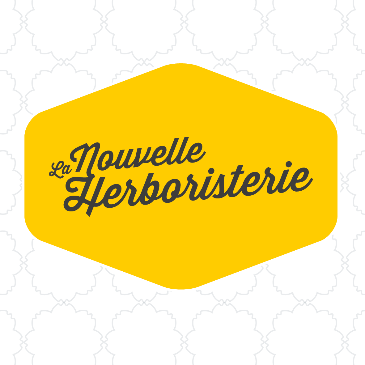 Logo de La Nouvelle Herboristerie avec un fond jaune et un motif de fleurs en arrière-plan.