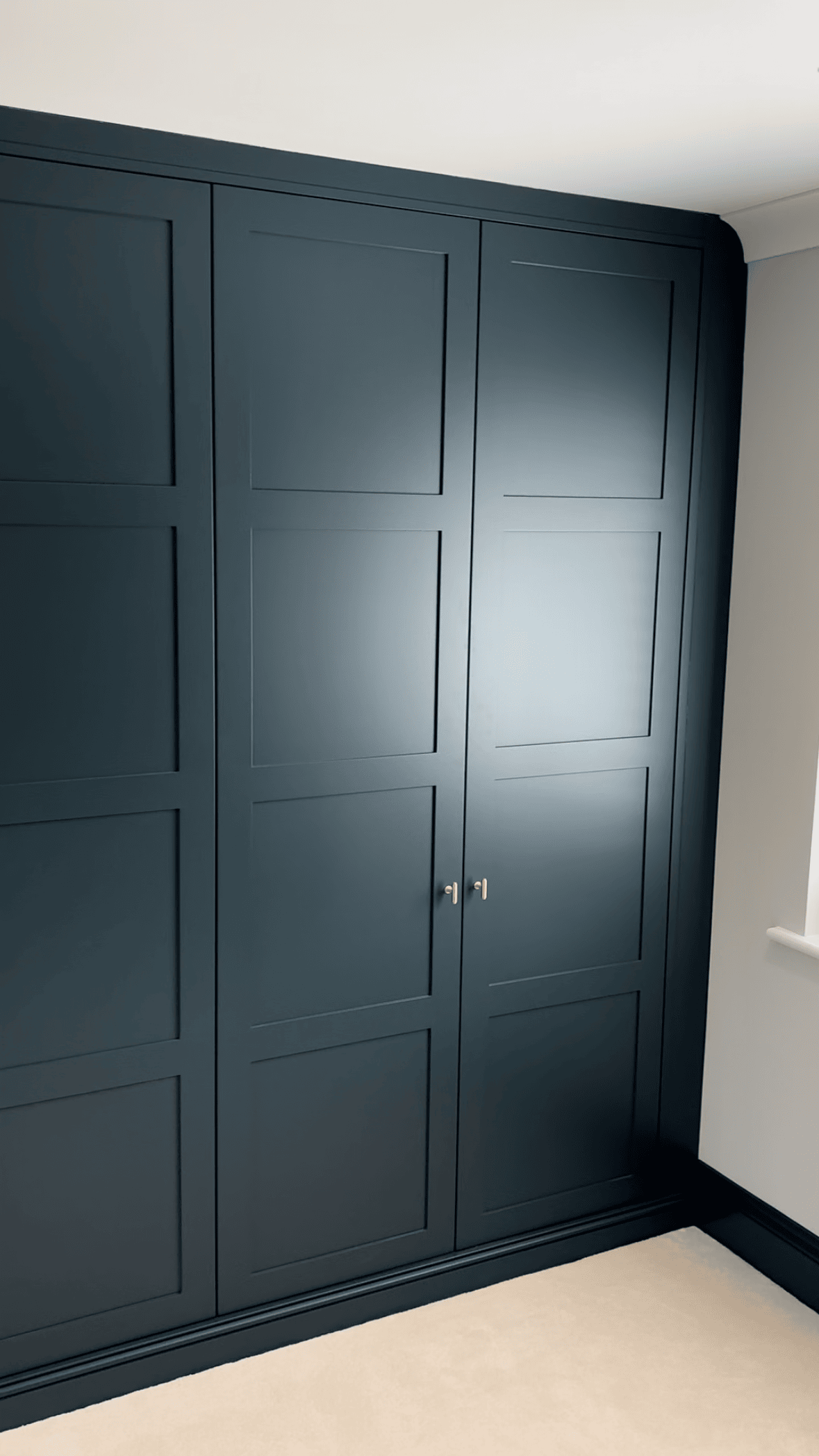 A large, dark blue closet with paneled doors in a room with cream-colored carpet and white walls.