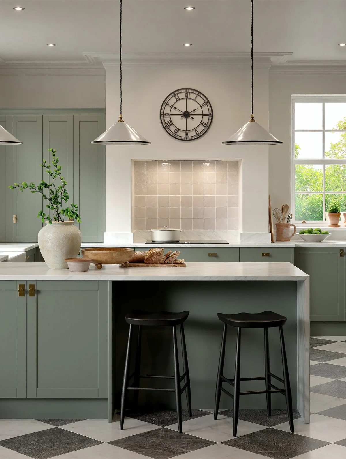 Modern kitchen with green cabinets, marble countertops, black bar stools, and a large window allowing natural light, with a wall clock above the stove.