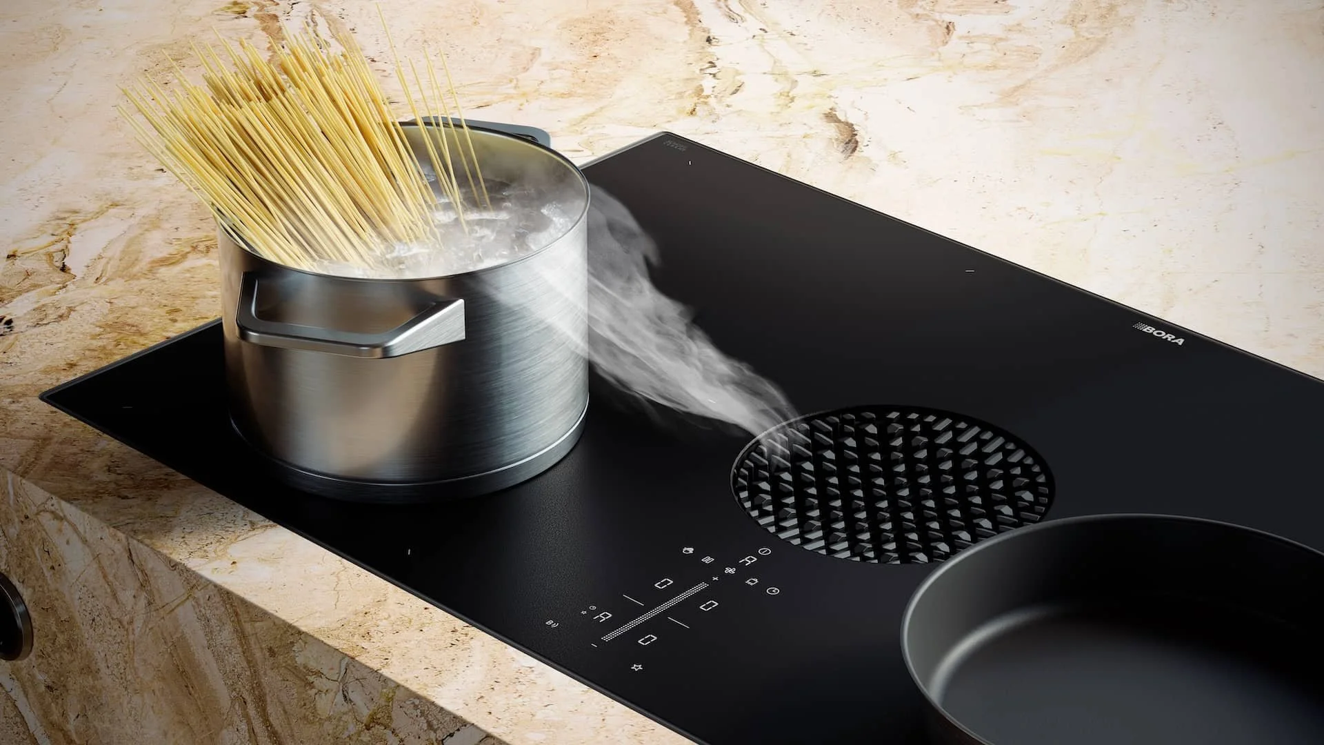 A black stove with a pot on the front burner, steam rising from it. The stove has a digital control panel with red illuminated numbers and symbols, and a black glass surface with silver edges.