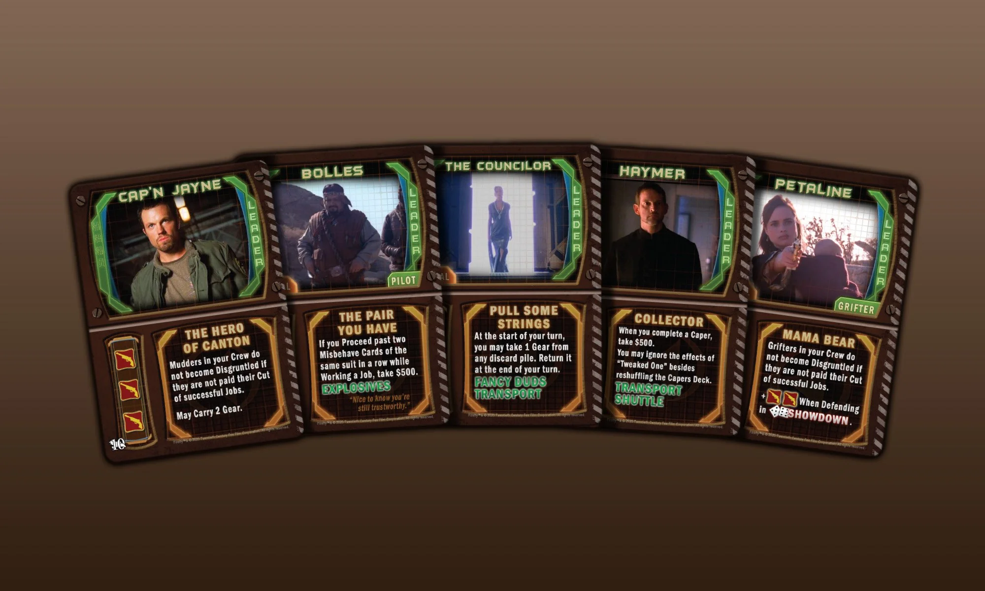 Firefly: the Game stretch goals card fronts