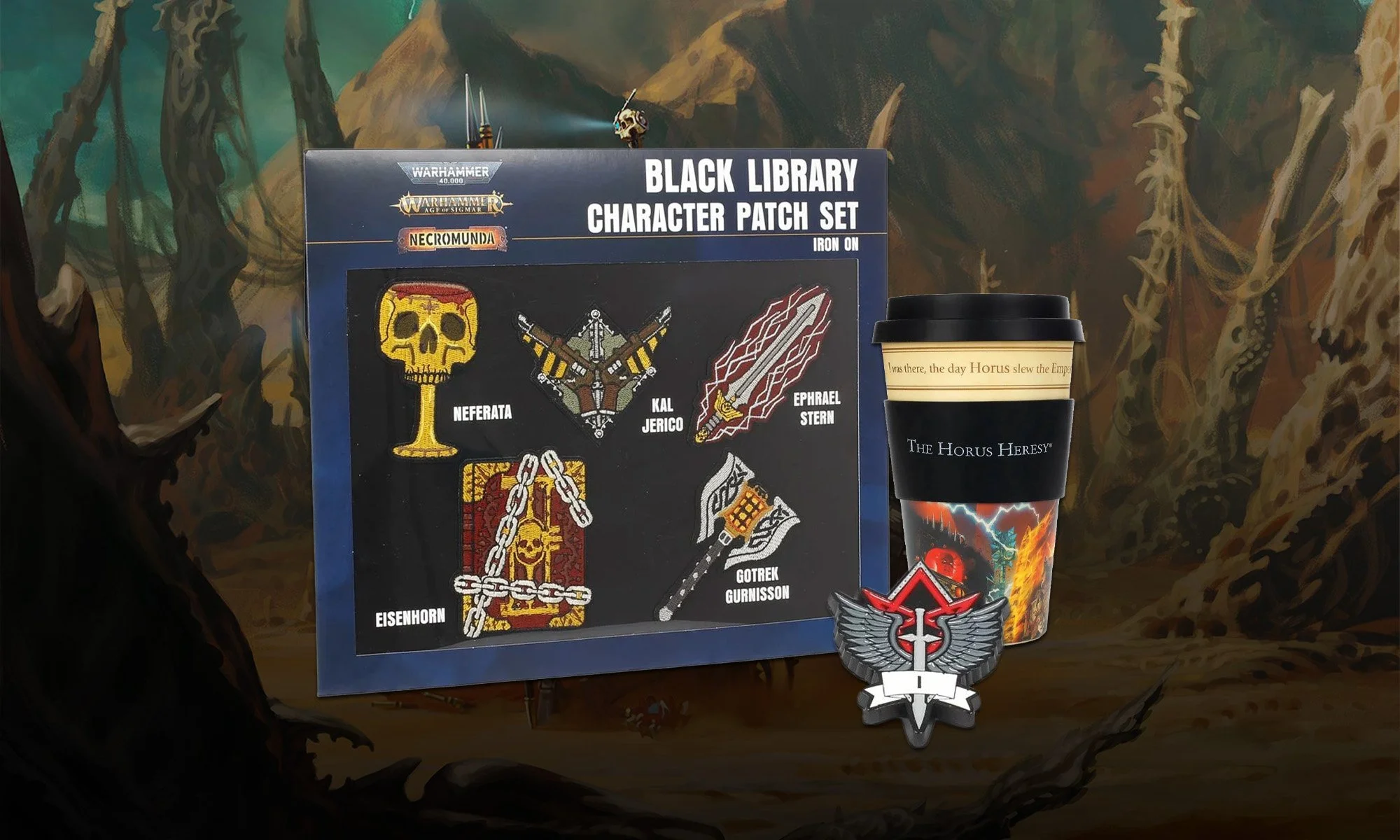 Warhammer patches, coffee cup and pinbadge