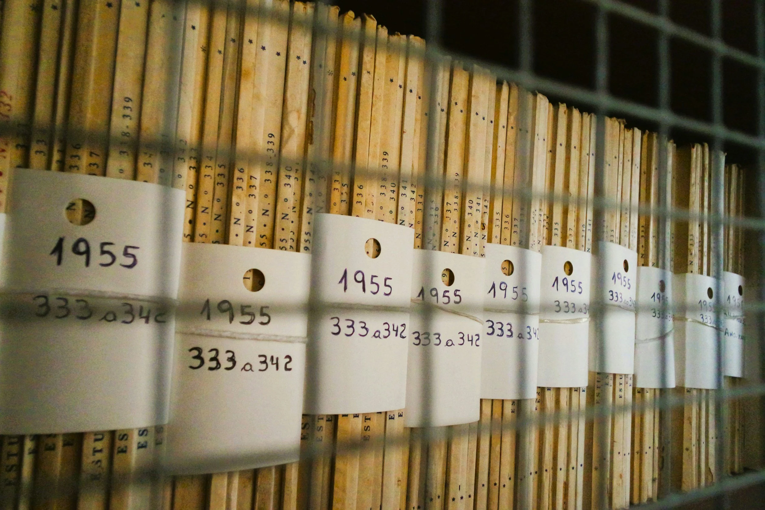 Shelf filled with beige binders labeled with numbers and letters, some with handwritten tags showing the year 1955 and the code 333 a342.