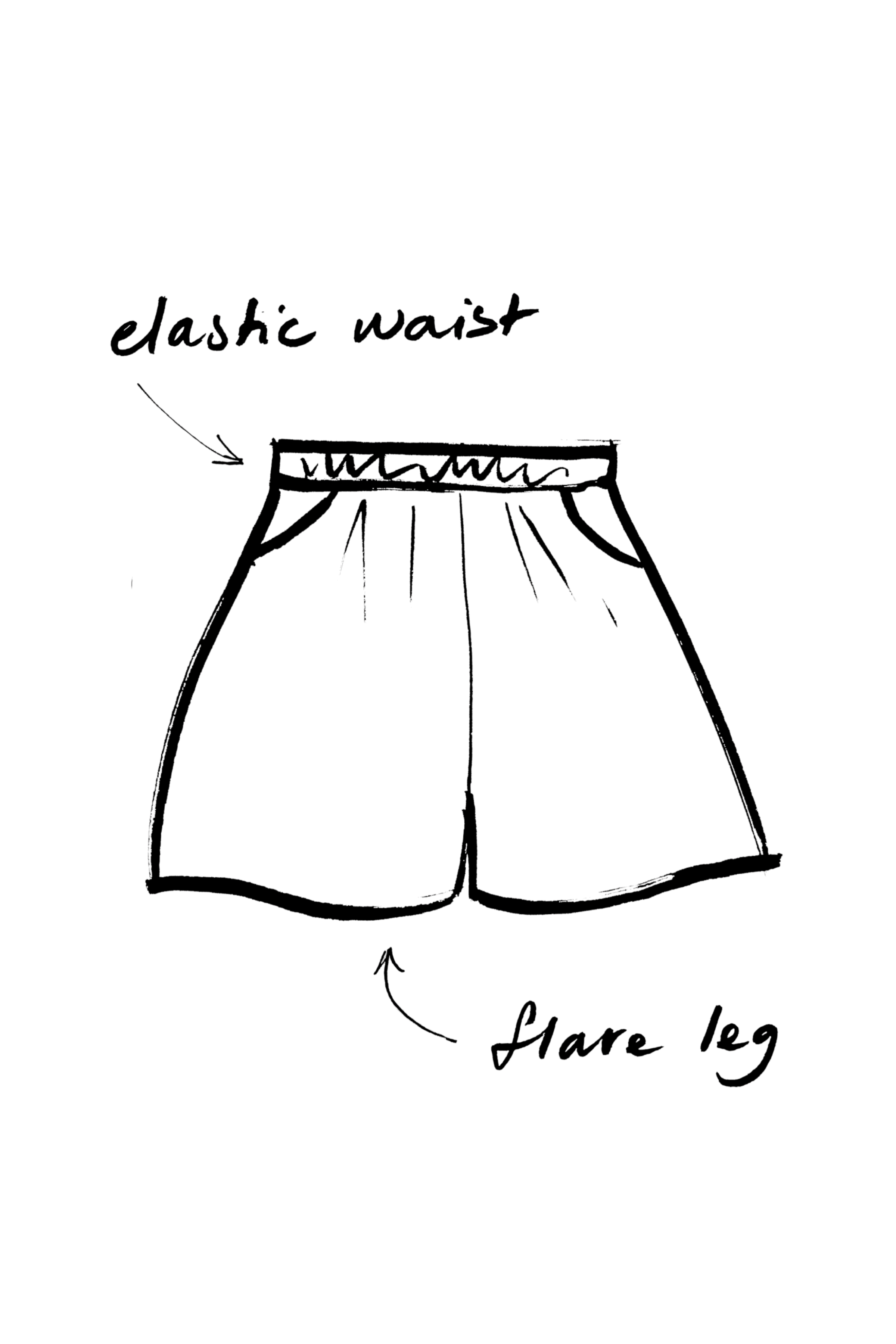 Drawing of a pair of shorts with labels indicating the elastic waist and flare leg.