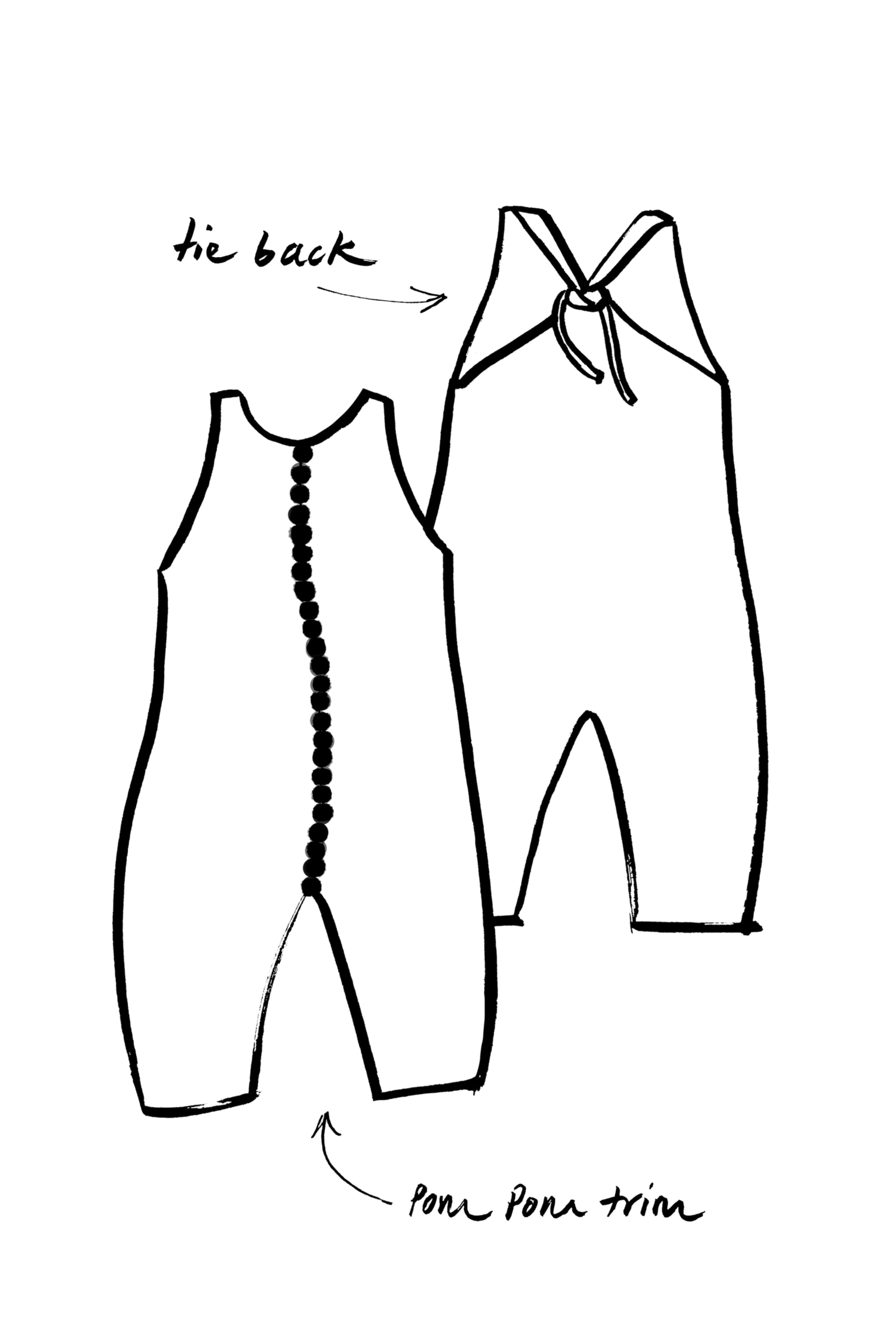 A line drawing of three tall, slim perfume bottles with stoppers, showcasing a bottle with a beaded chain or necklace hanging from its neck. An arrow points to the back of the bottles with the note 'tie back'. The image includes some handwritten text at the bottom, 'pour pour trim'.