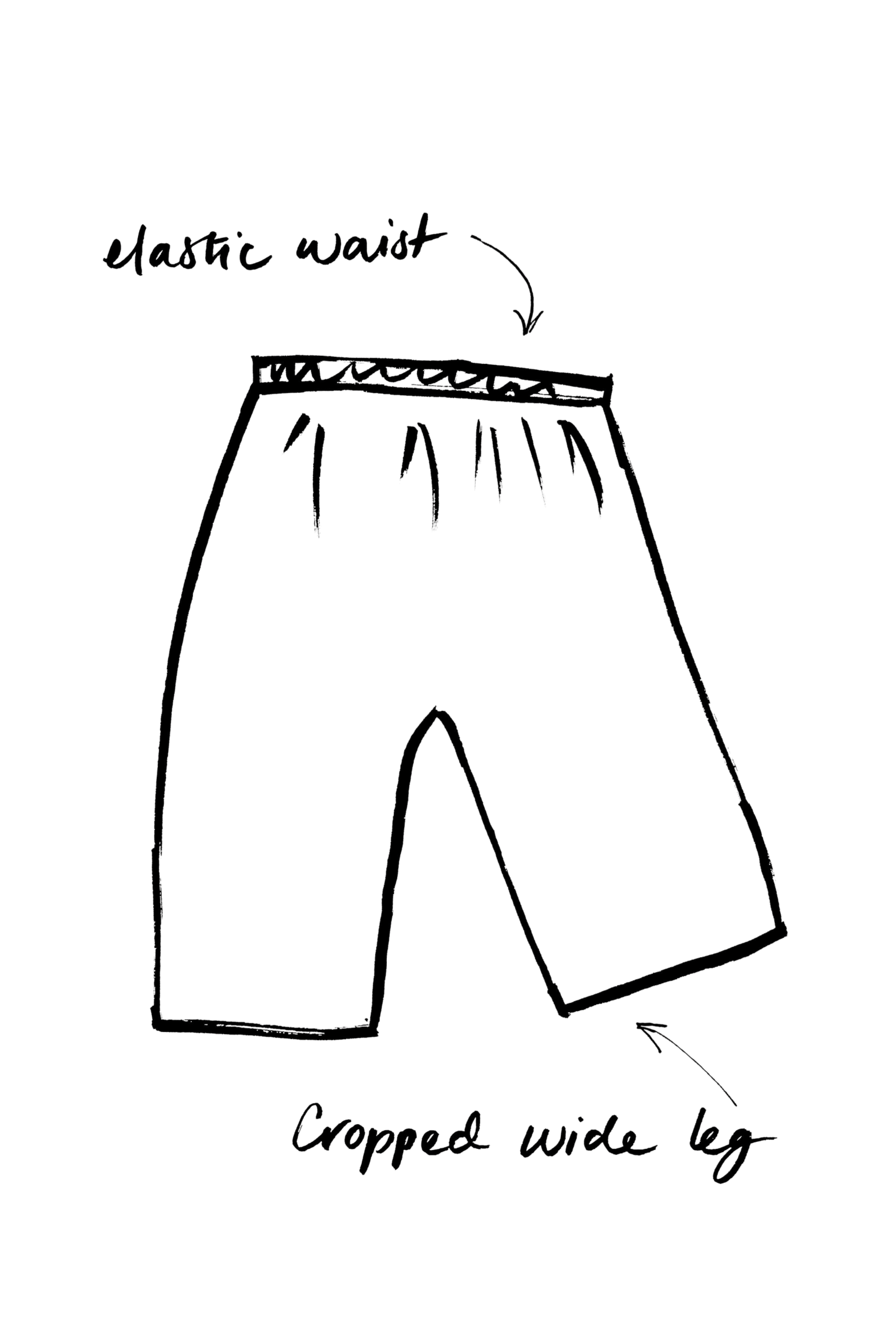 Illustration of a cross-section of a sliced vegetable with handwritten labels, including 'mastic waist' pointing to the top and 'cropped wide leg' pointing to the bottom.