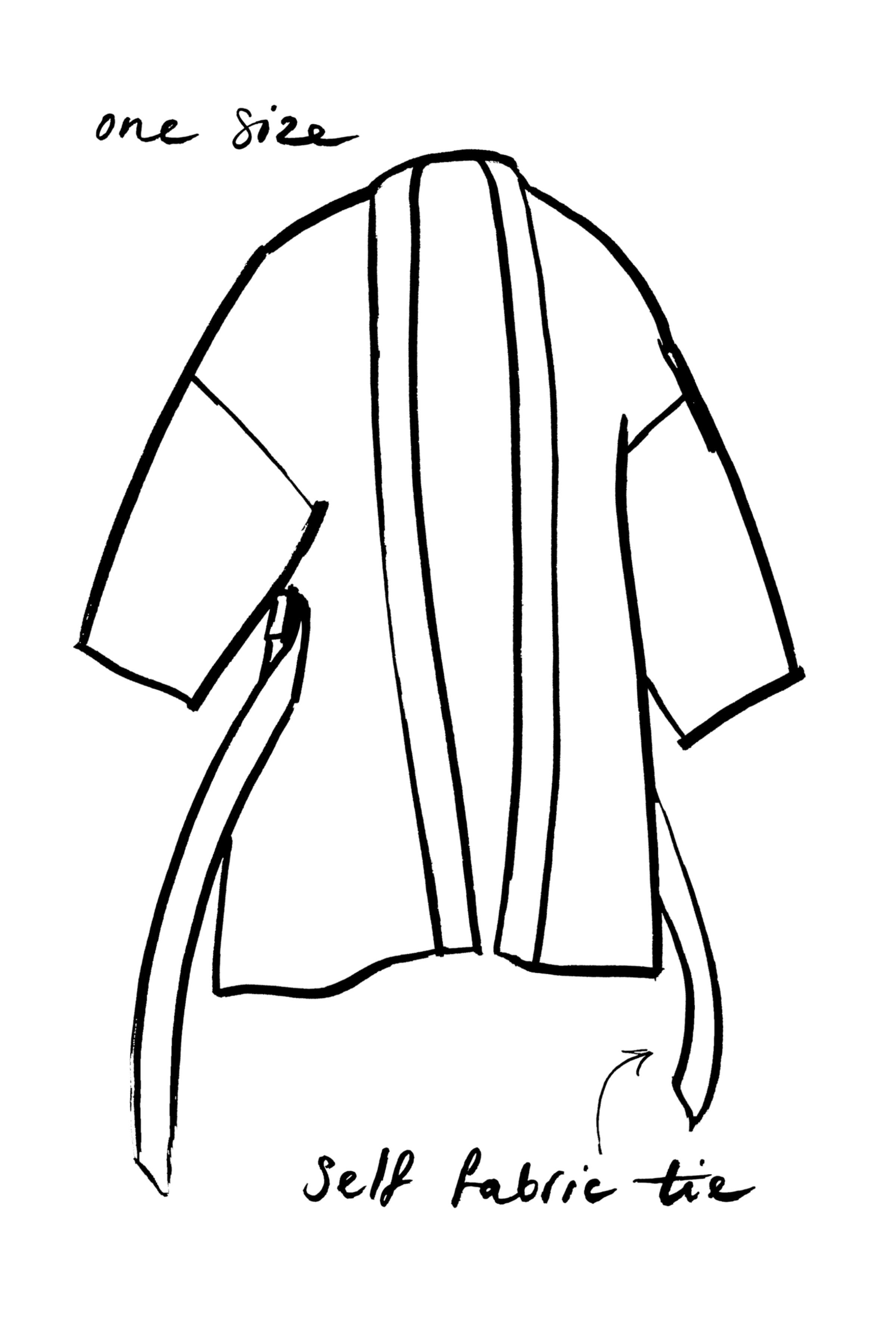 Outline illustration of a large umbrella with handwritten text that reads 'one size' at the top and 'self fabric tie' at the bottom.