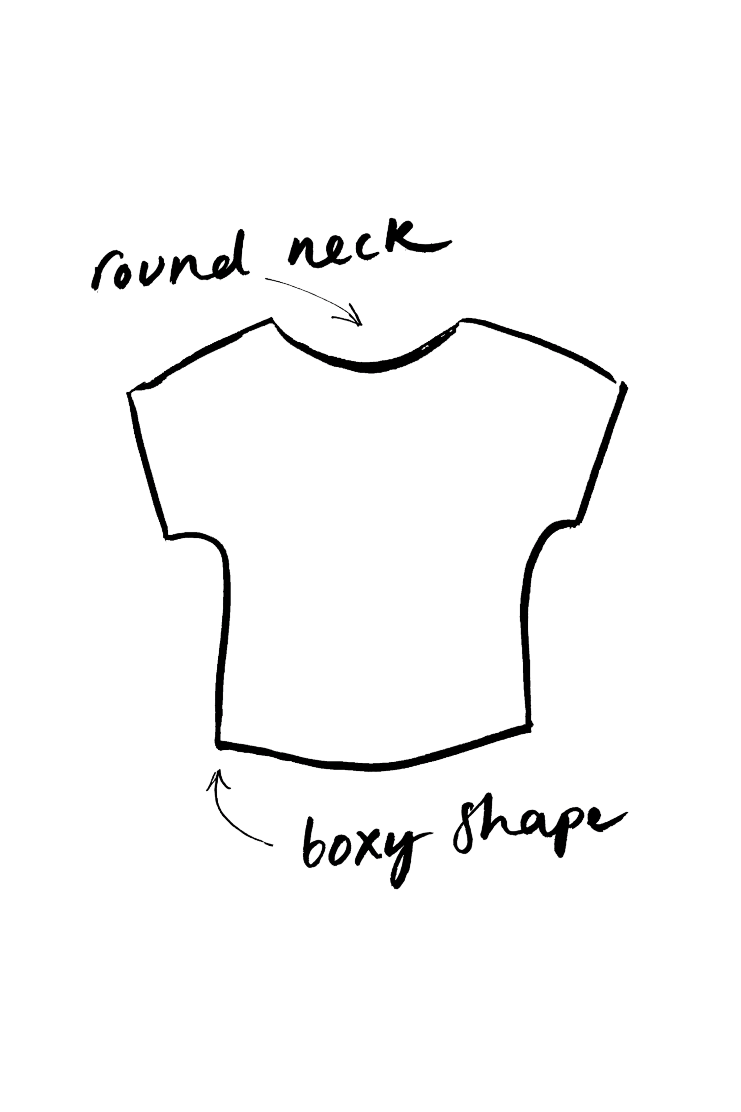A line drawing of a T-shirt with the words 'round neck' and an arrow pointing to the collar, and the words 'boxy shape' with an arrow pointing to the body of the t-shirt.