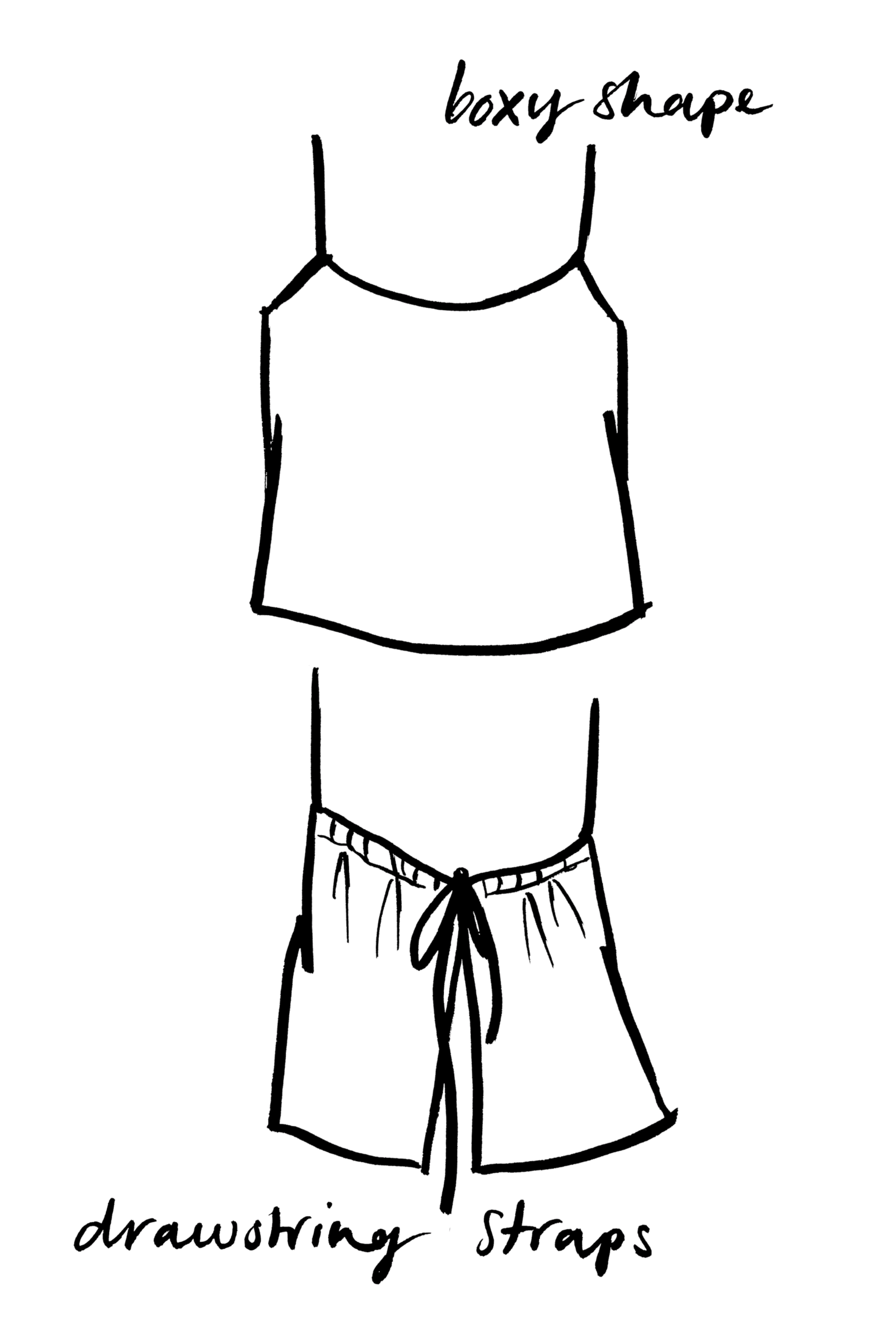 Illustration of a dress with the word 'boxy shape' written above it, and a note indicating it is for drawing strays.