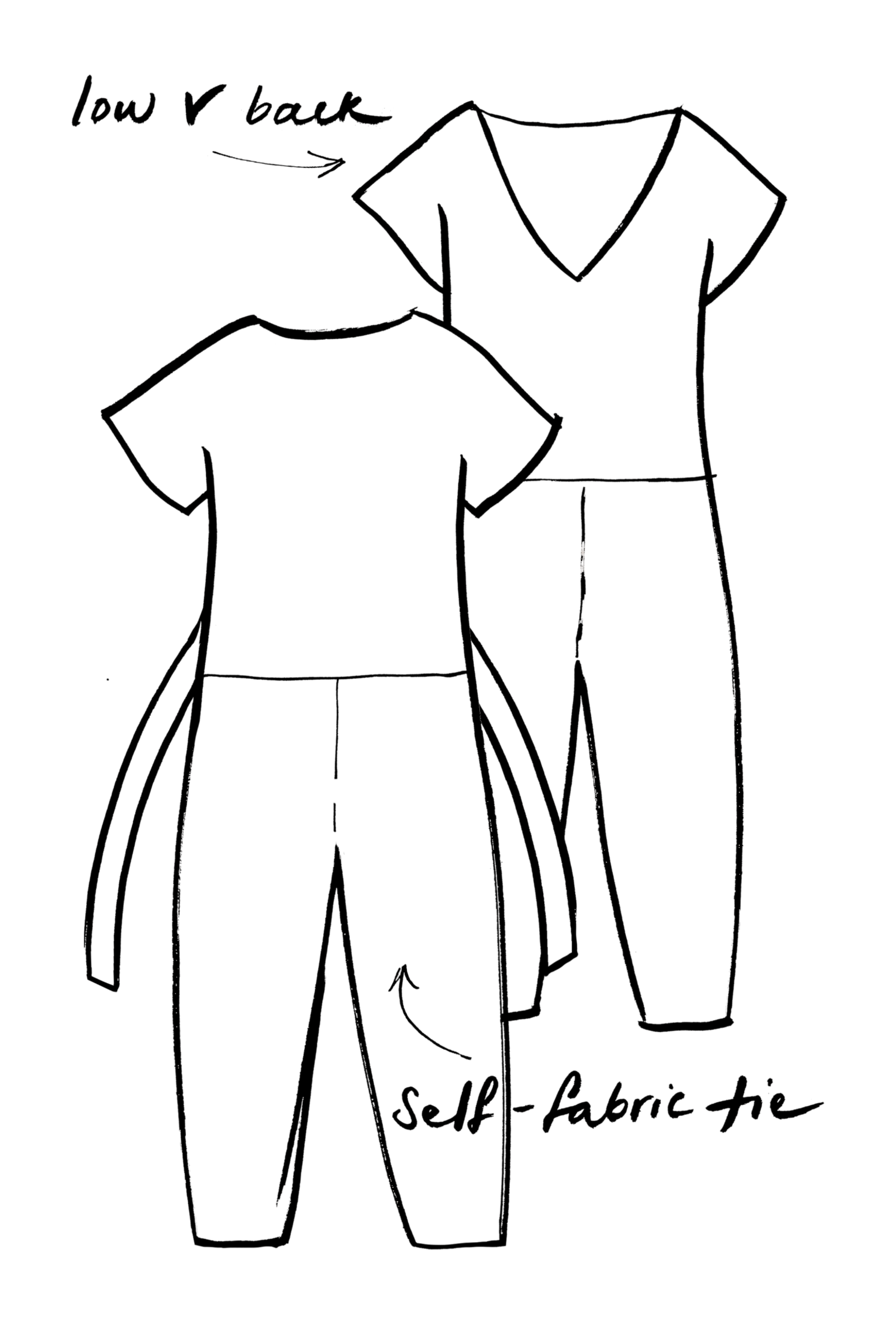 Outline of a t-shirt with handwritten notes indicating it is made from 'self-fabric', 'low V back', and 'long sleeves'.
