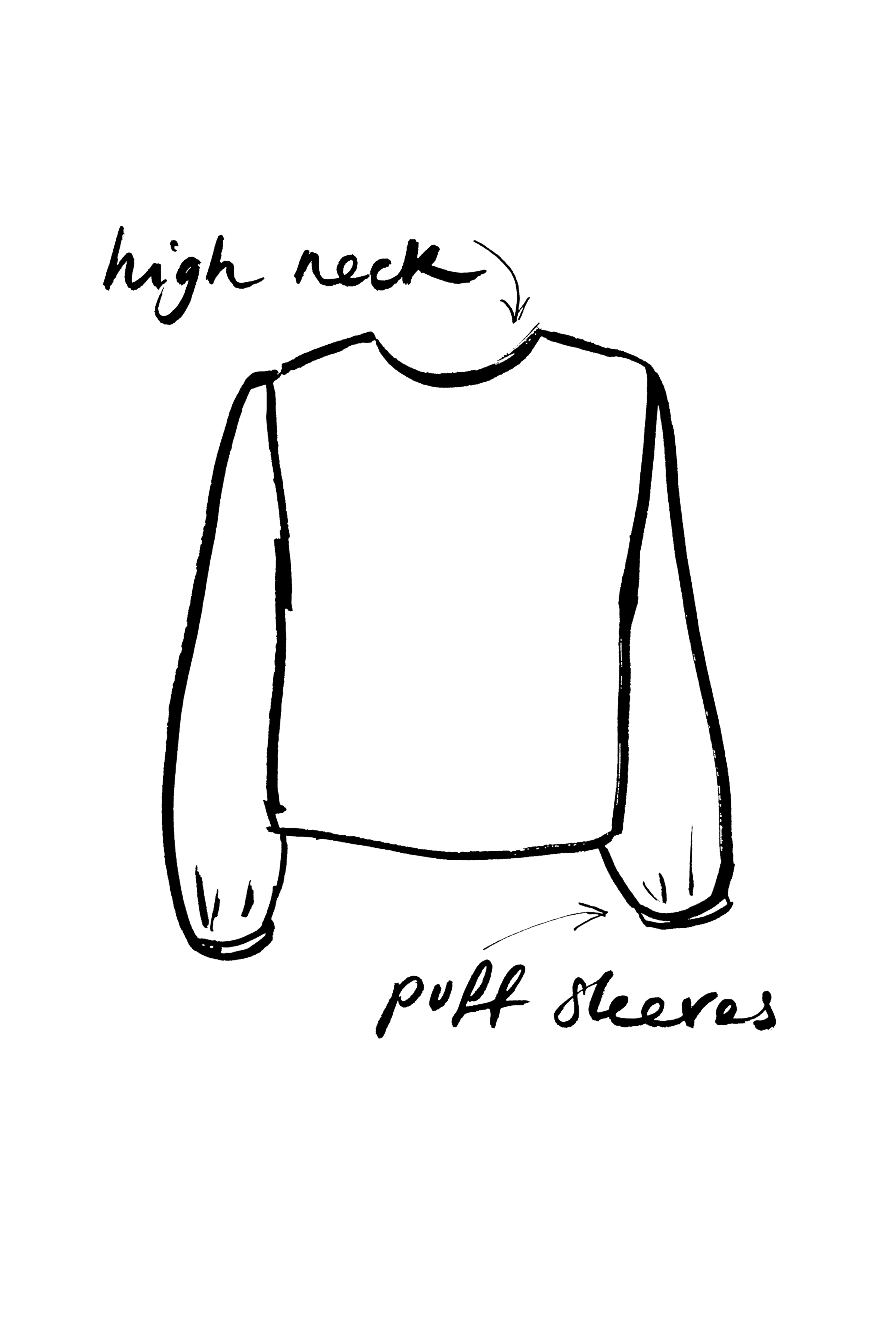 Line drawing of a person wearing a t-shirt and sneakers with the words 'puff sleeves' written underneath, and an arrow pointing to the t-shirt with the words 'high neck' written near the neckline.