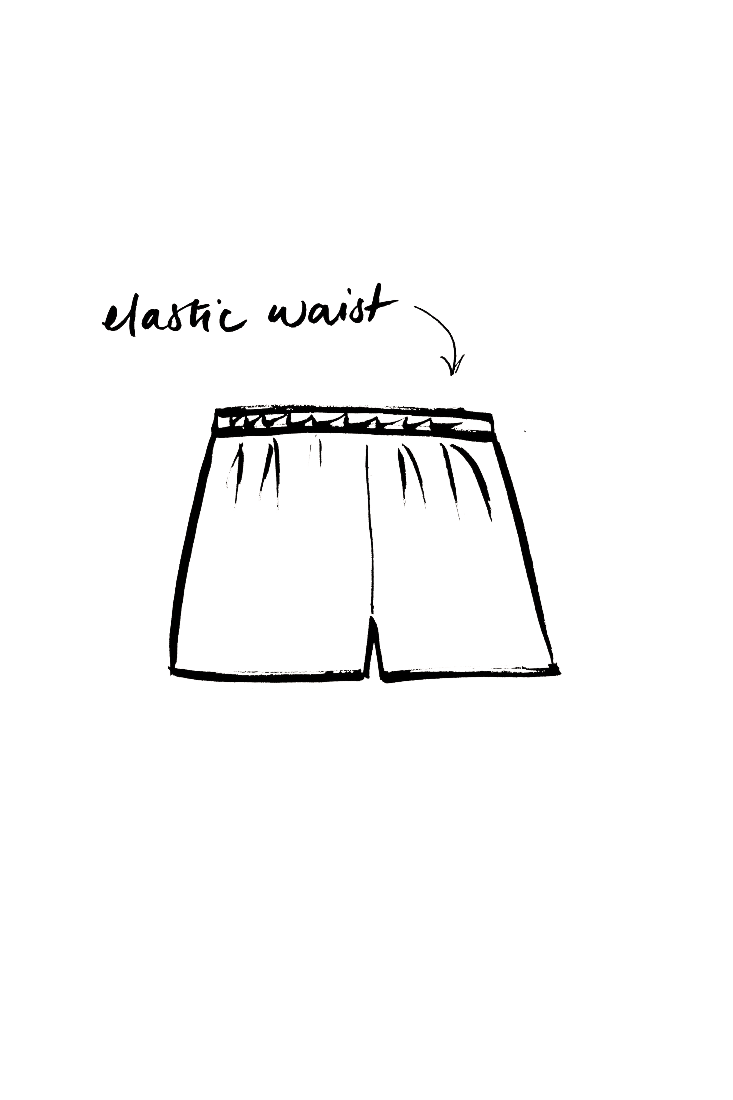 A simple line drawing of a pair of shorts with an arrow pointing to the waistband, labeled 'Elastic waist'.