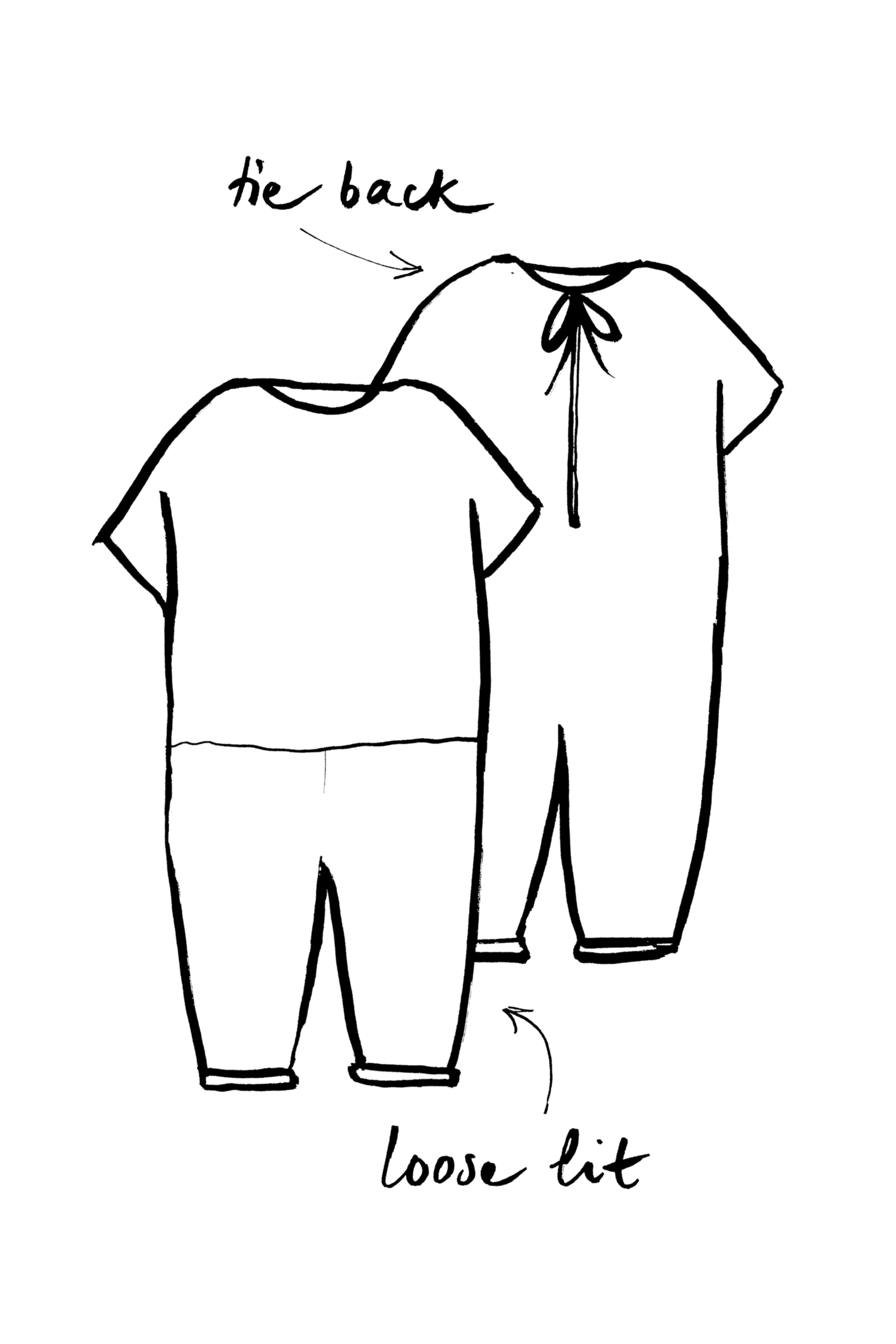 A line drawing of two women standing side by side. The woman on the left has her hand on her hip, and the woman on the right has her arm around the other woman. An arrow points to the woman on the right with the text 'she back' written above.