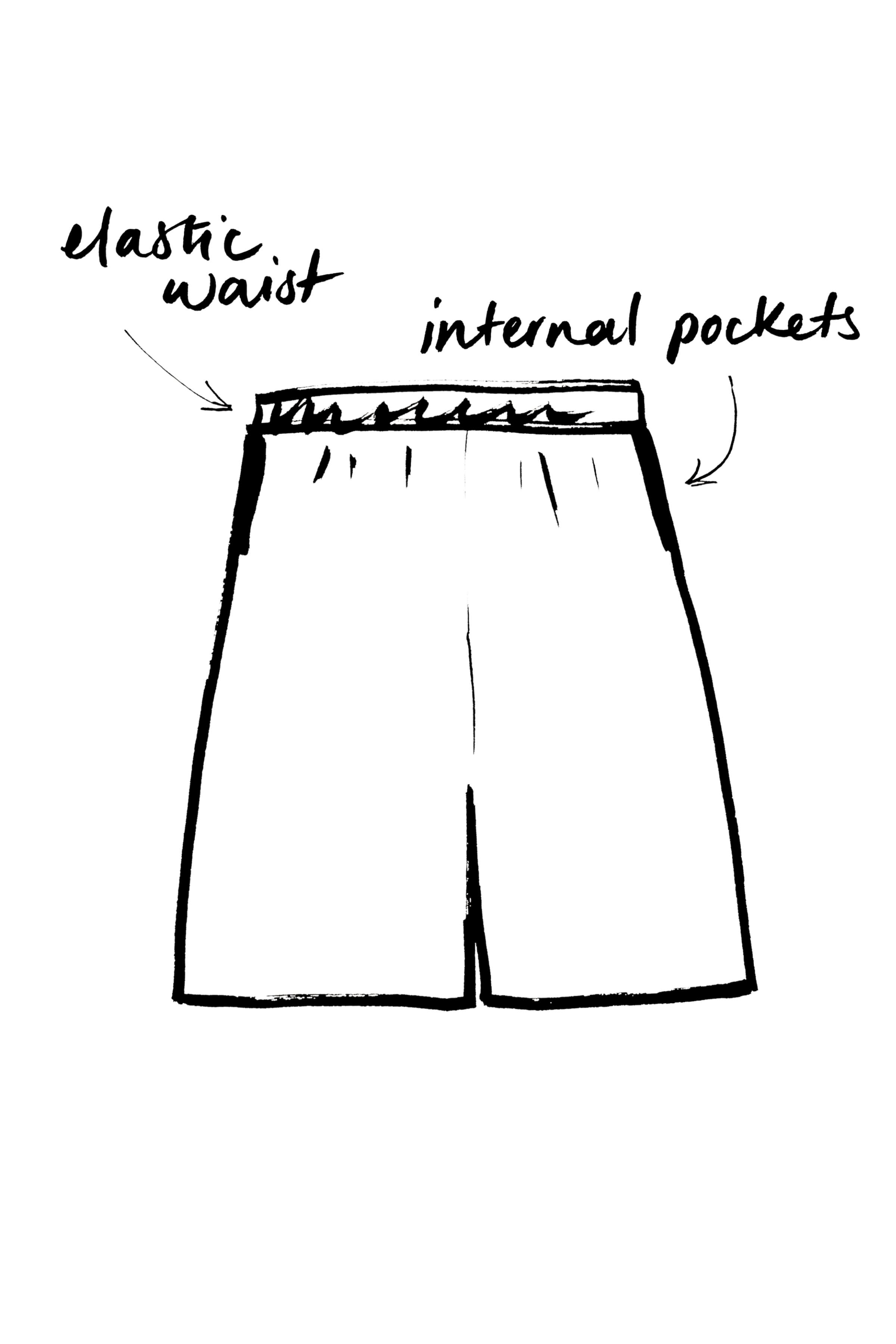 Line drawing of a person from the waist down, showing the legs and feet, with annotations pointing to the waist and internal pockets of a pair of pants.