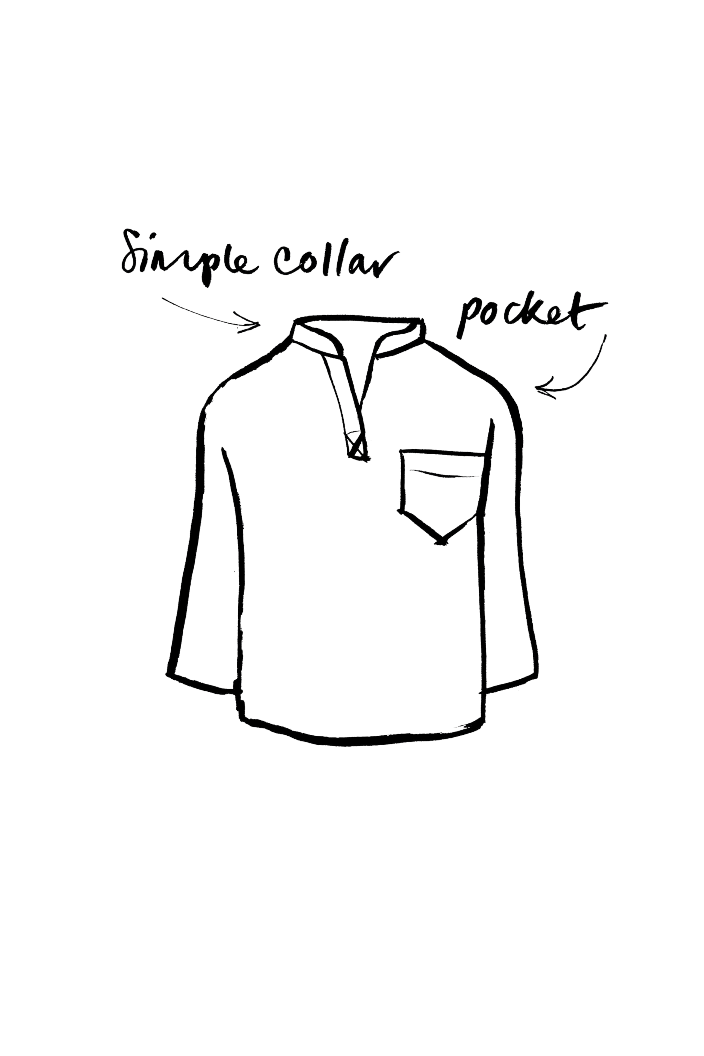 A line drawing of a jacket with a stand-up collar, a front zipper, and a chest pocket, with handwritten labels indicating 'simple collar' and 'pocket'