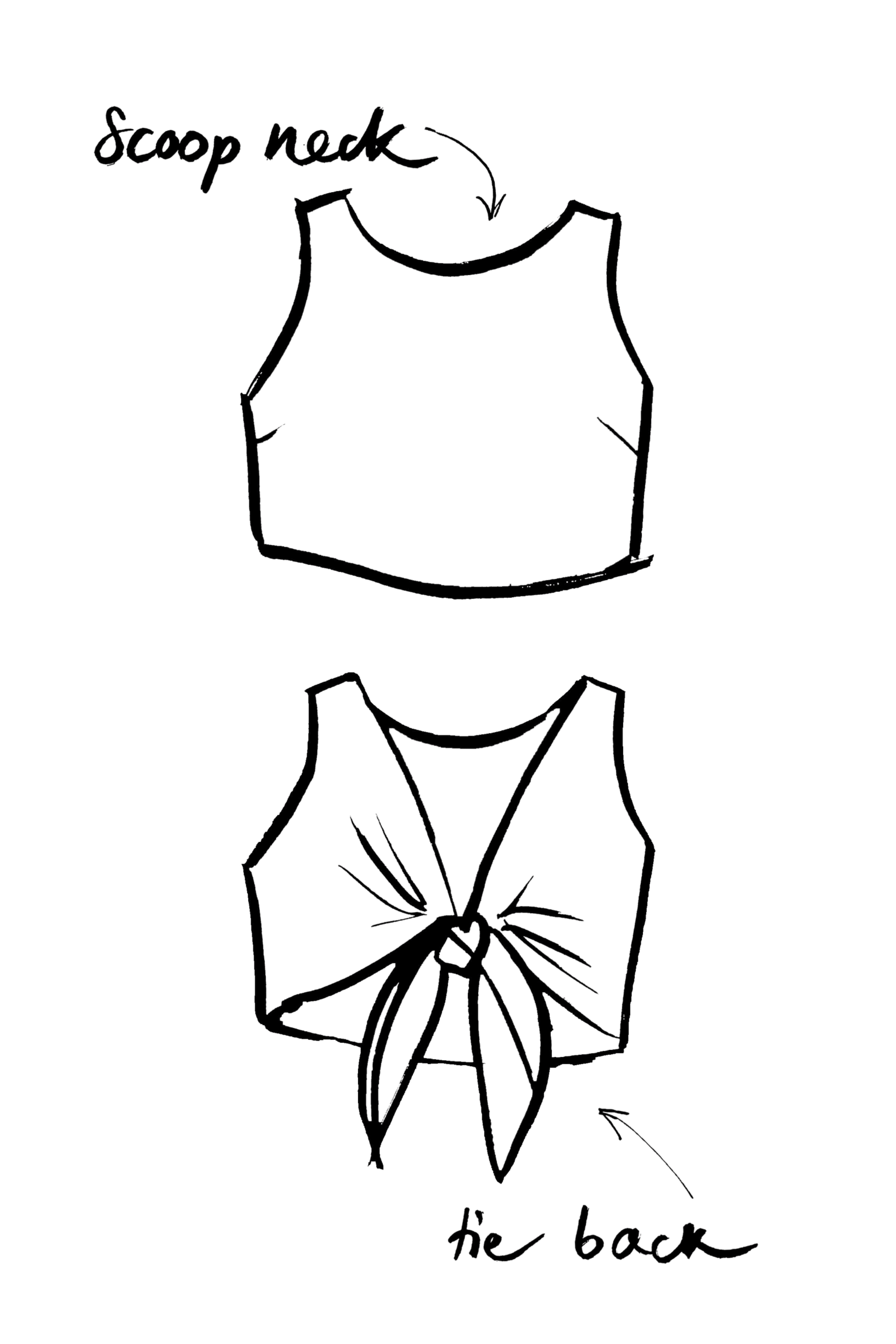 Line drawing of a top with the words 'scoop neck' and an arrow pointing to the neckline, and a floral design with the words 'the back' below.
