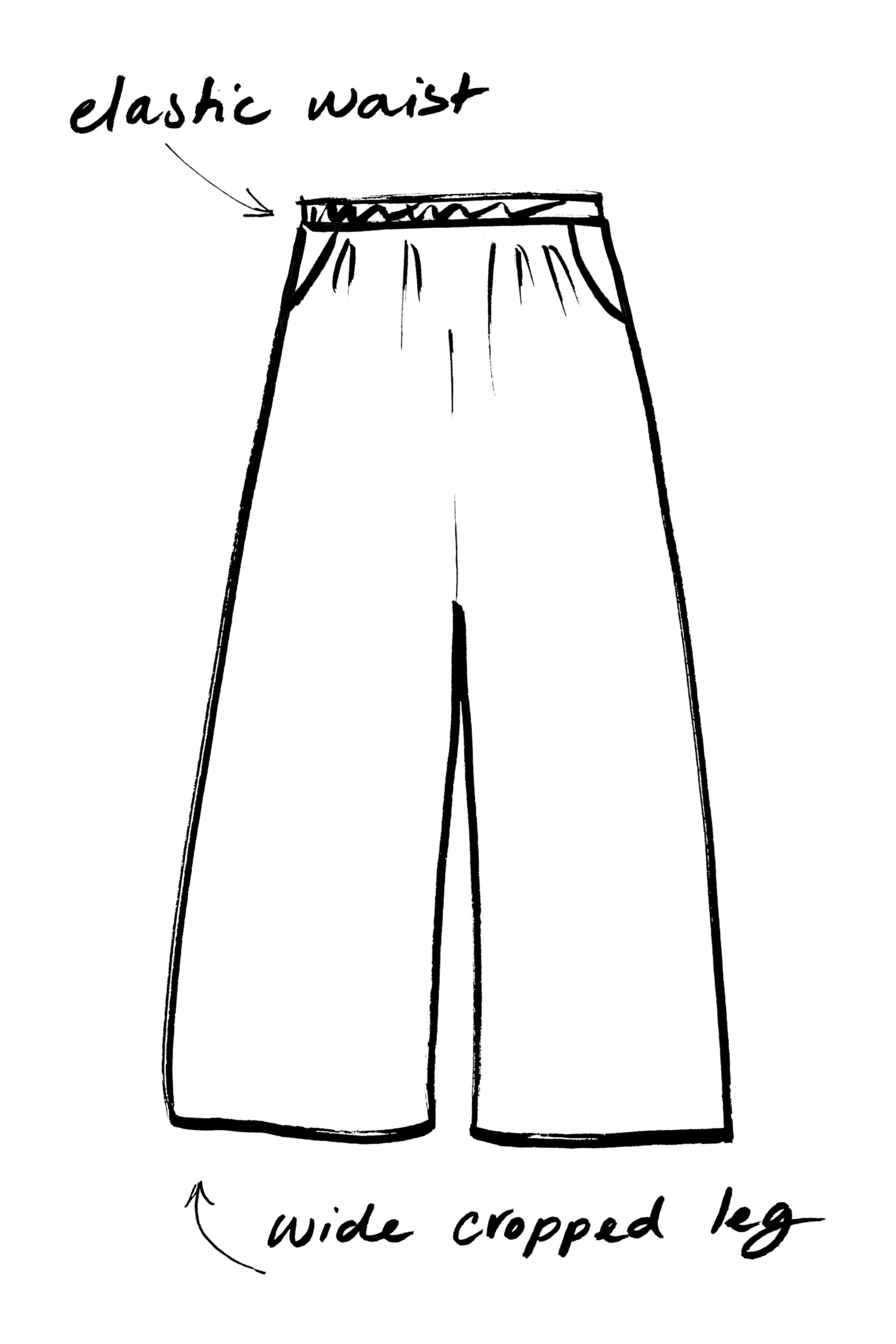 Sketch of wide-legged pants with an elastic waistband, annotated with 'elastic waist' and 'wide cropped leg'.