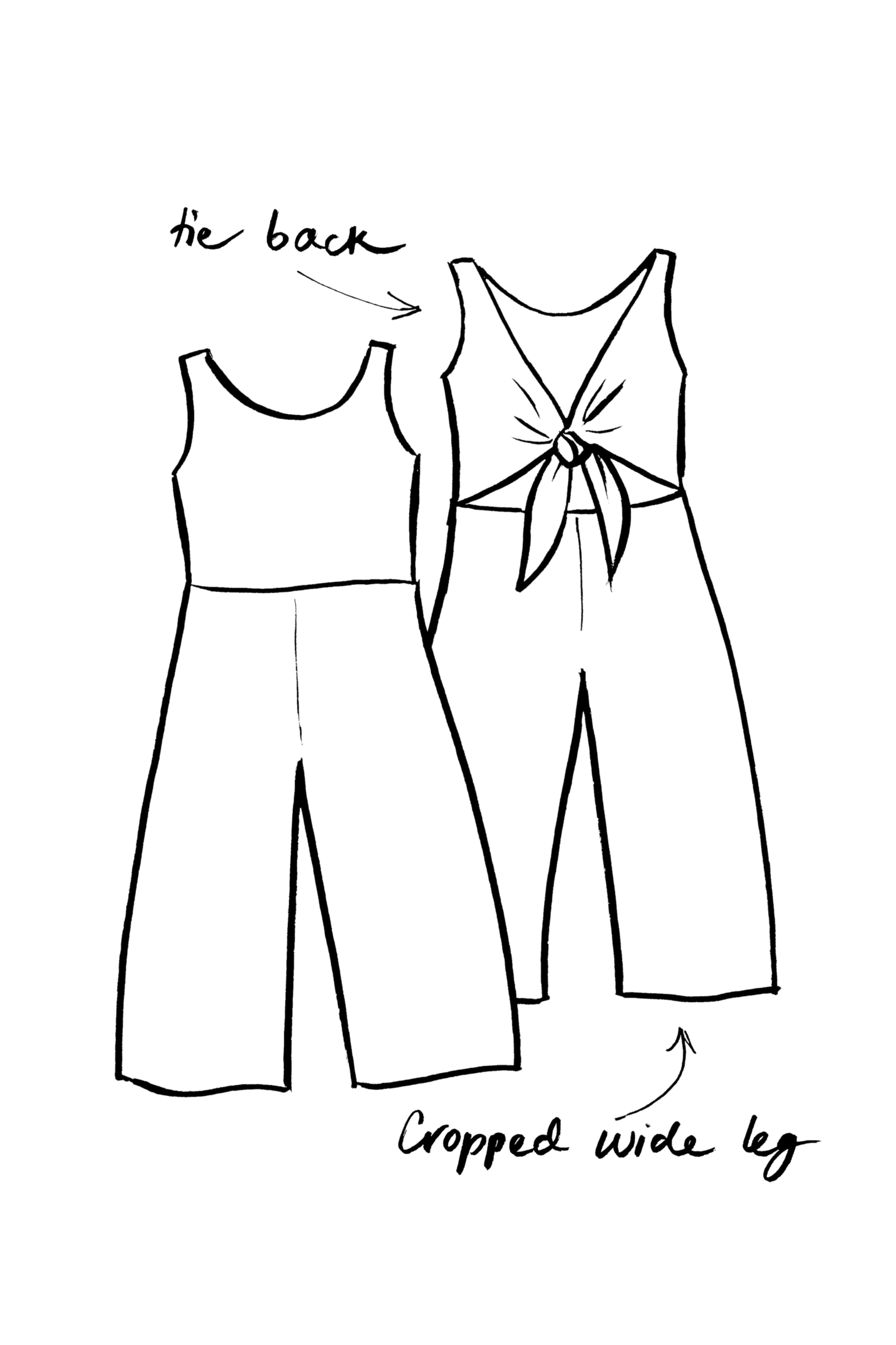 Line drawing of a sleeveless top with a front tie, shown from the back, with notes indicating the back of the garment, and the fabric is cut wide.