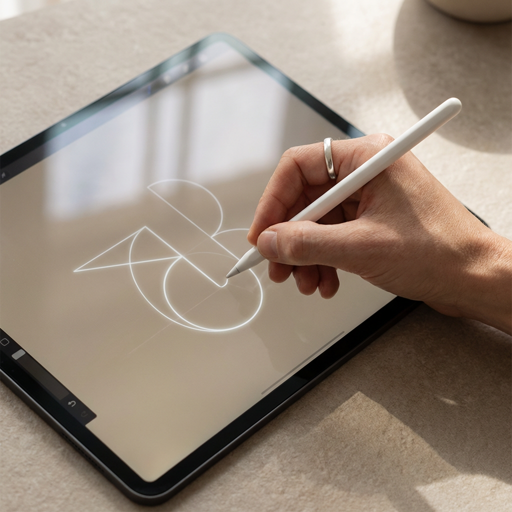 Hand, die auf einem Tablet mit einem digitalen Zeichenprogramm ein geometrisches Design aus Kreisen und Linien zeichnet, während sie einen weißen Stift hält.