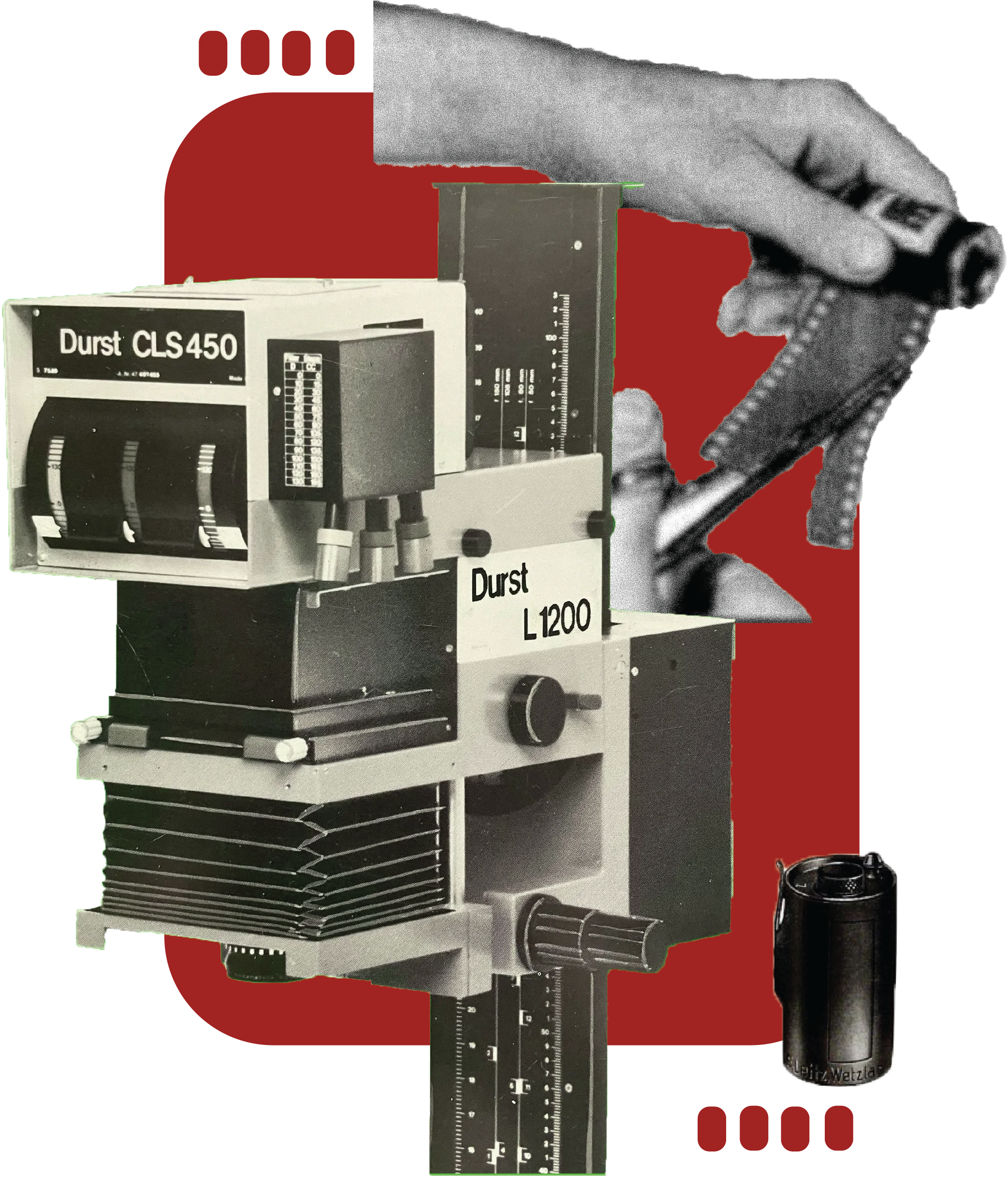 Darkroom Collage showing a Durst CLS450, Hands cutting 35mm film, a film canister all ontop of a red frame in the shape of a tray.