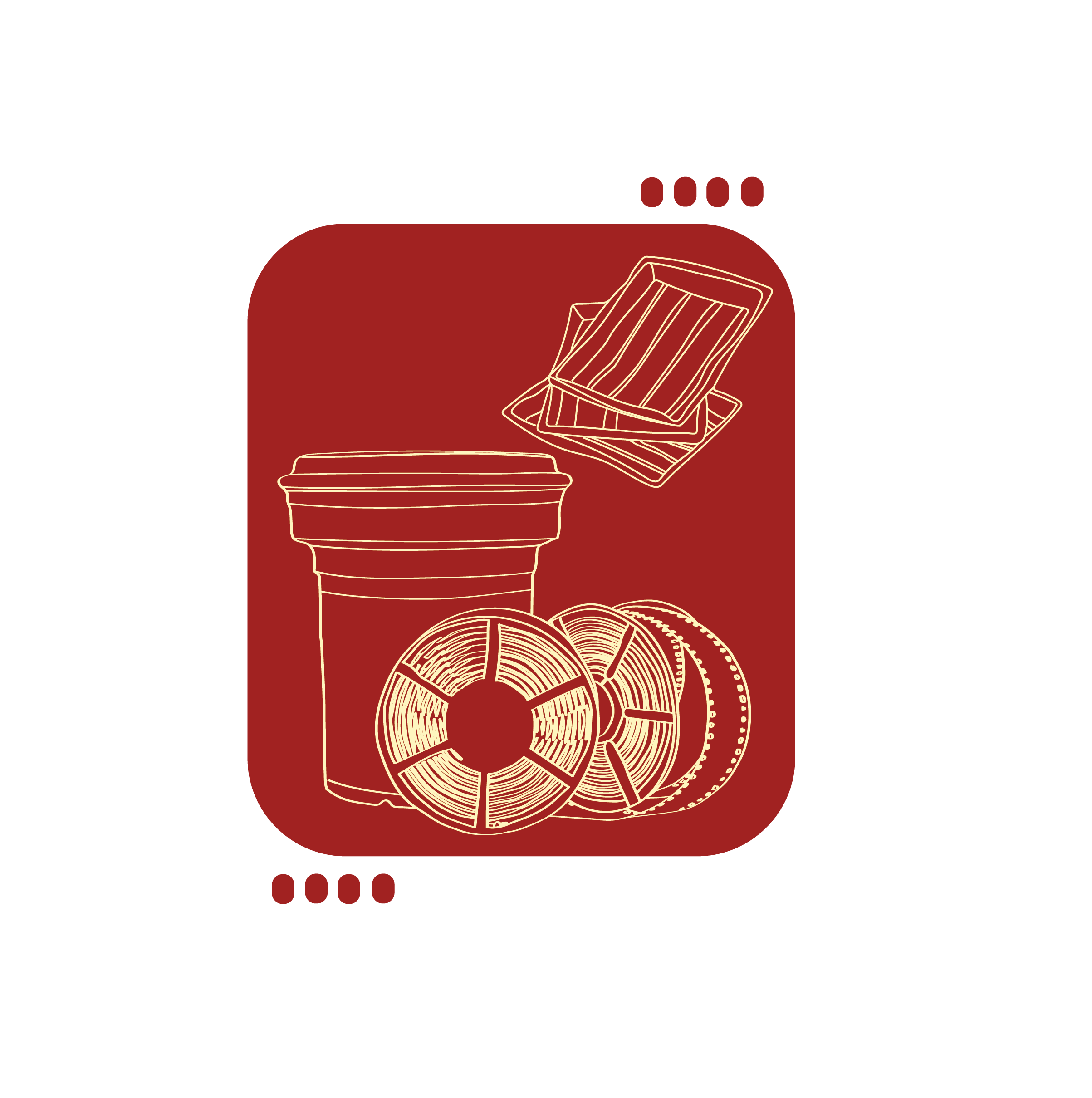 Line drawing of a film processing tank with reels, and developing trays on a red background with decorative dotted accents.