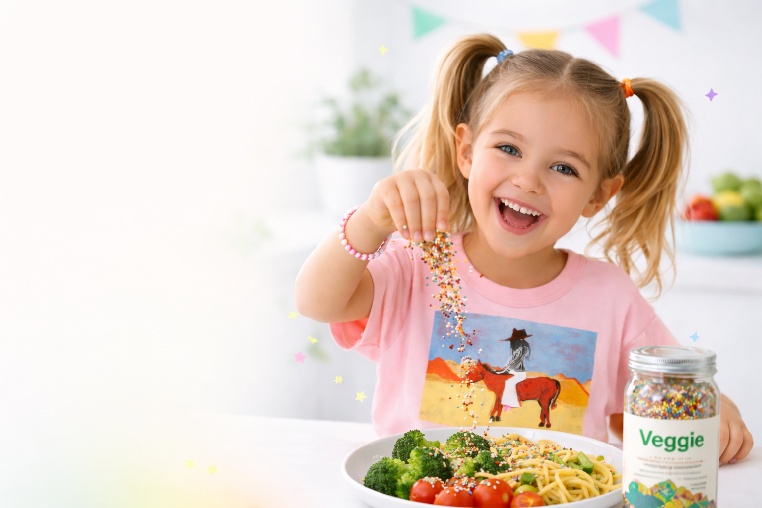 A smiling young girl with blonde pigtails sprinkling colorful confetti over a plate of spaghetti with broccoli, cherry tomatoes, and green beans, with a jar labeled Veggie Sparkles on the table.