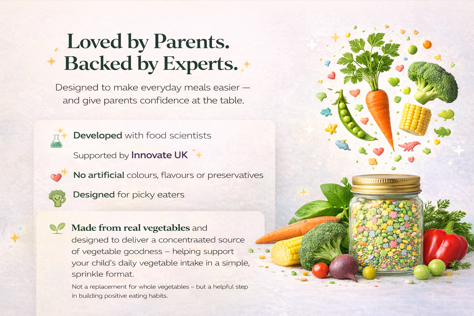 An advertisement for a vegetable-based product with a collage of fresh vegetables and a jar of colorful vegetable sprinkles, emphasizing natural ingredients and health benefits.