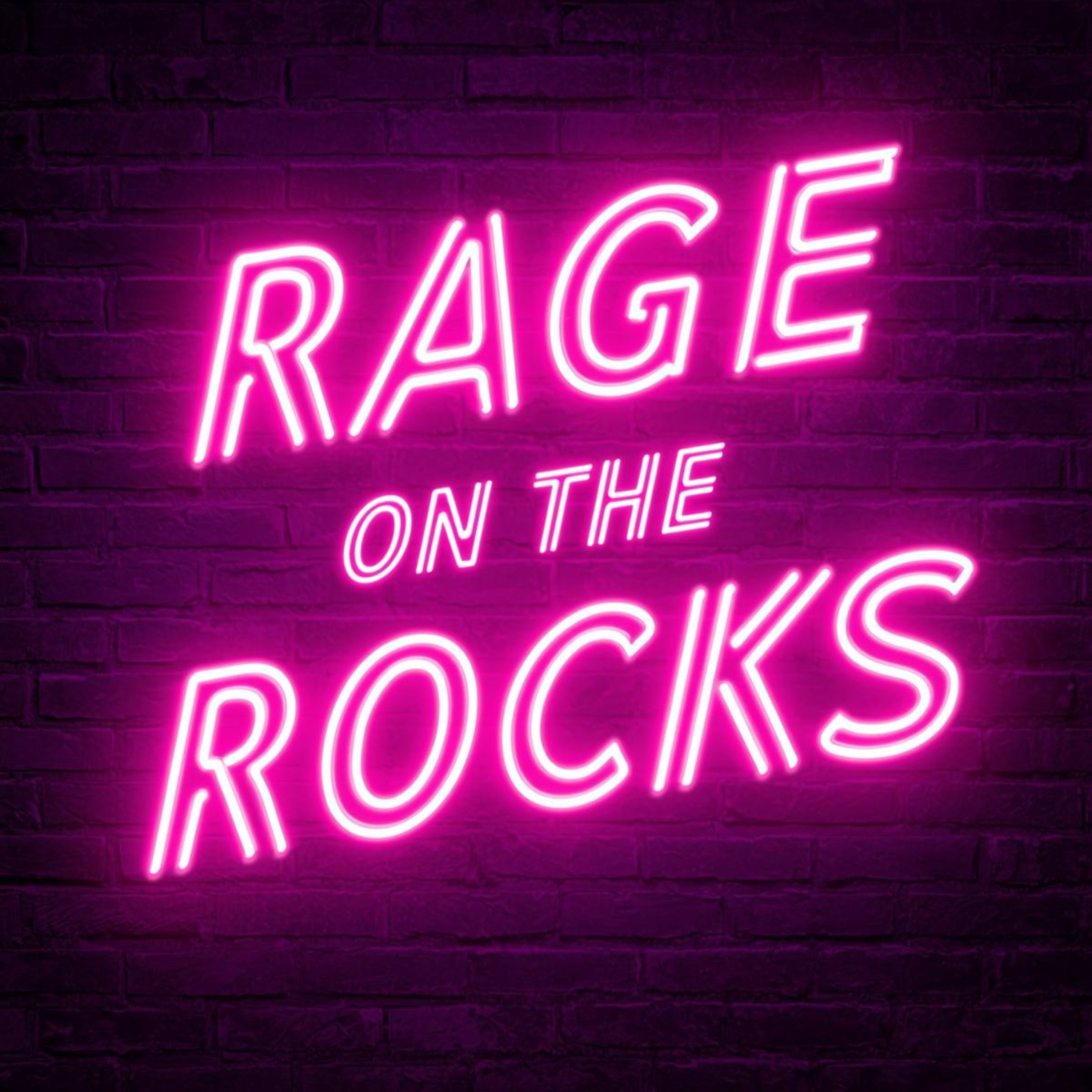 Pink neon sign on purple brick wall reads 'RAGE ON THE ROCKS'.
