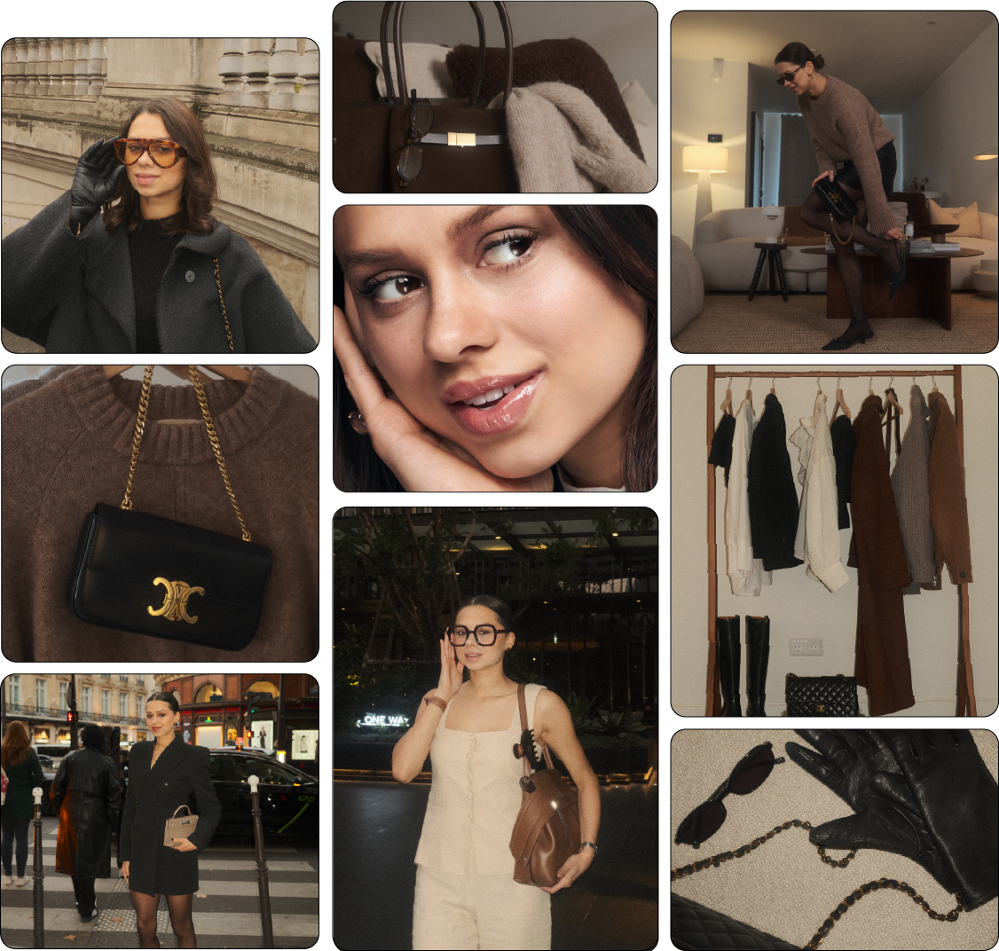 Curated collage of Bo Brown showcasing luxury fashion styling and professional beauty looks.