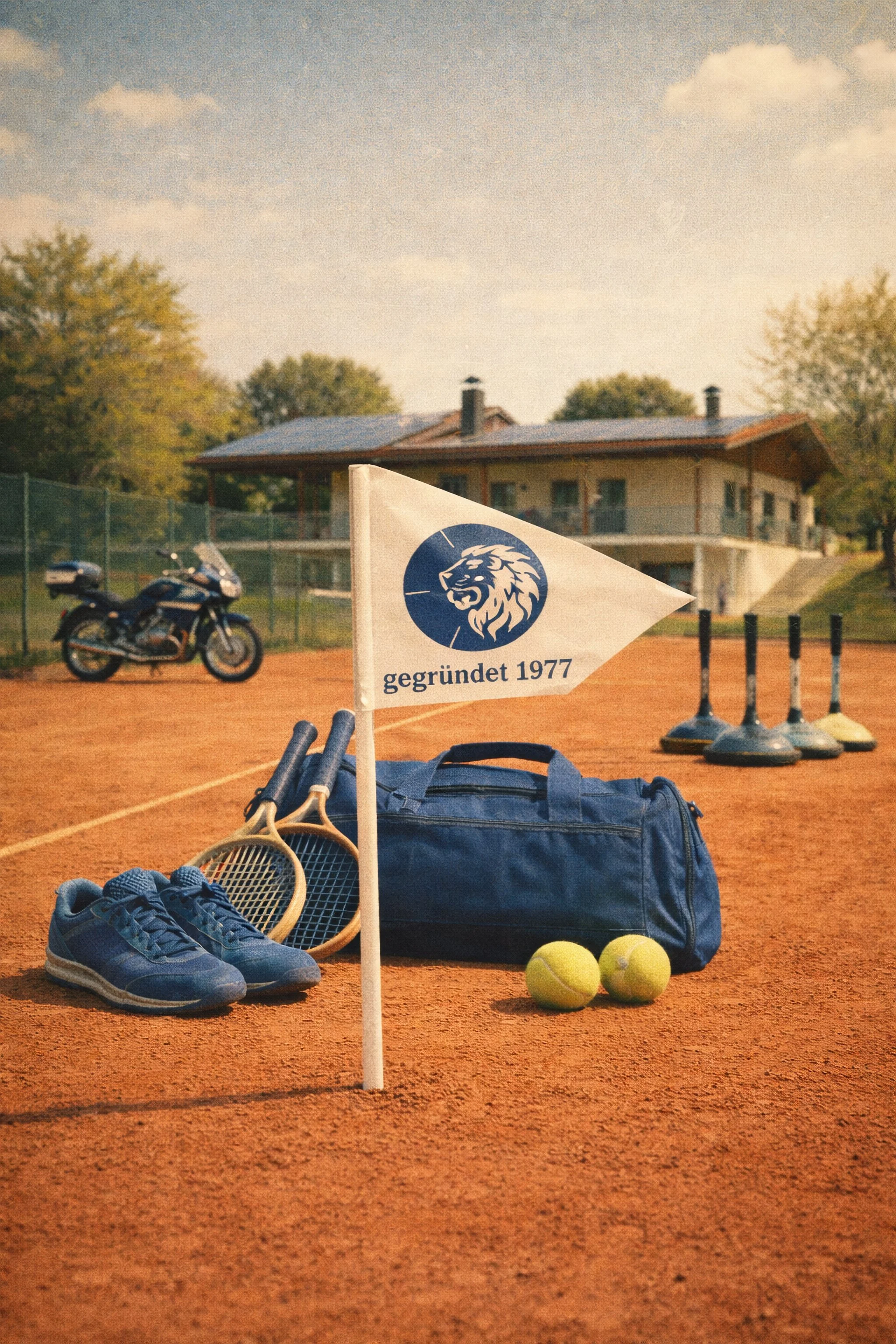 Tennis-Ausrüstung auf dem Sandplatz des SC Mainburg, inklusive blaue Turnschuhe, Tennisracket, Tennisbälle, Sporttasche und Flagge mit Löwenlogo, im Hintergrund das Vereinsheim