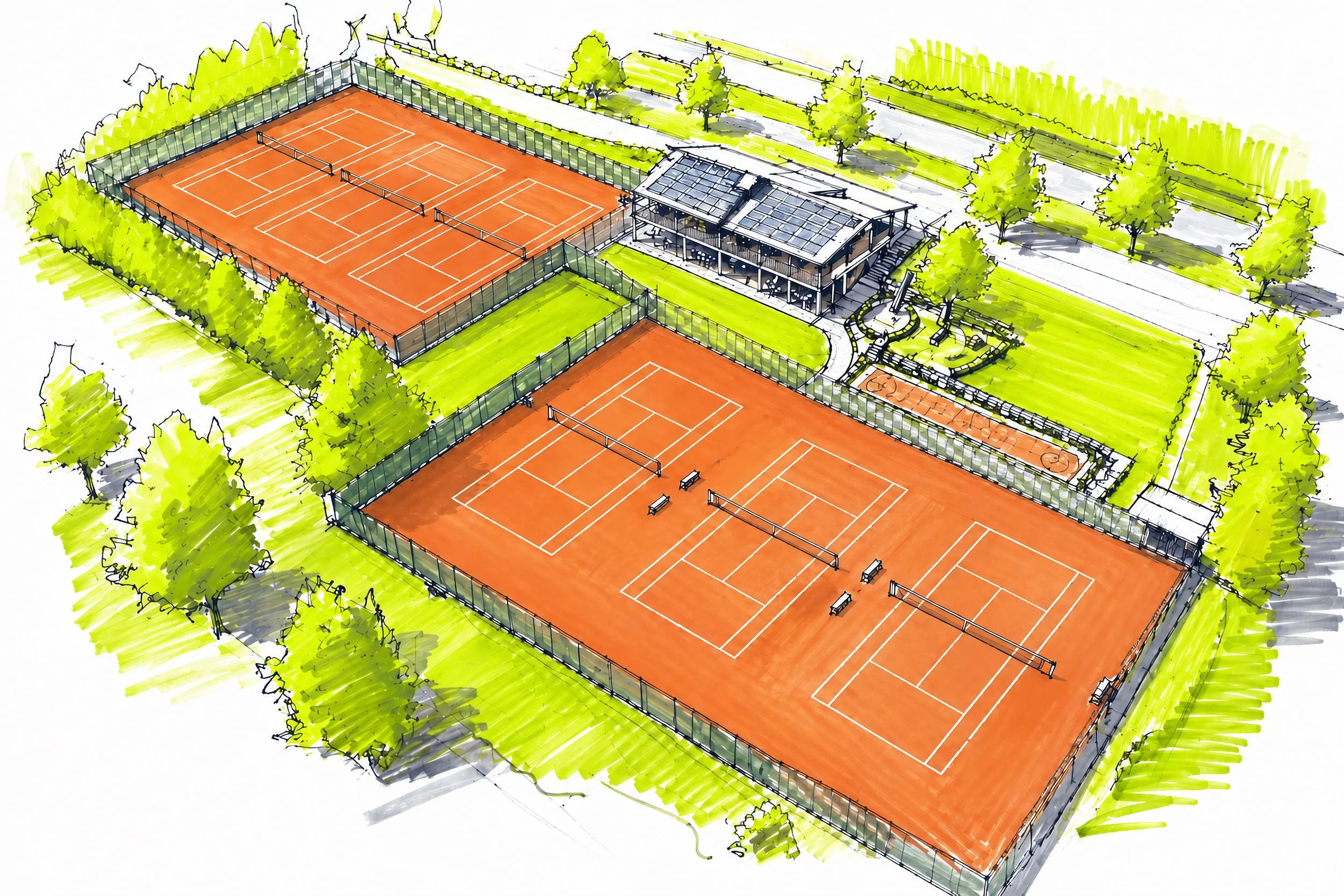Skizze der Sportanlage des SC Mainburg mit 6 Tennisfeldern (Freiplätze), dem Vereinsheim und der Stockbahn