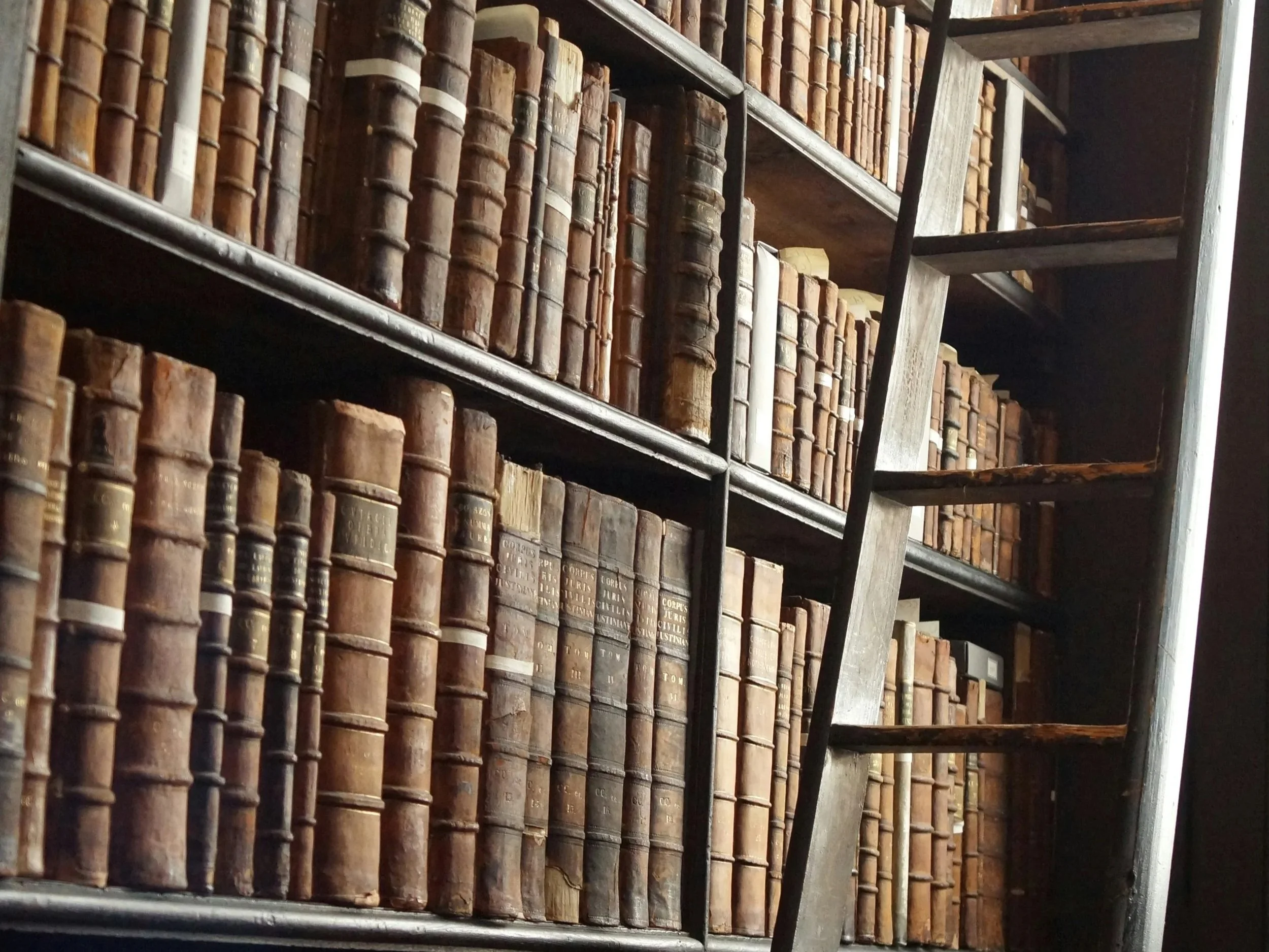 Estantes llenas de libros antiguos de cuero en una biblioteca, con una escalera de madera inclinada.