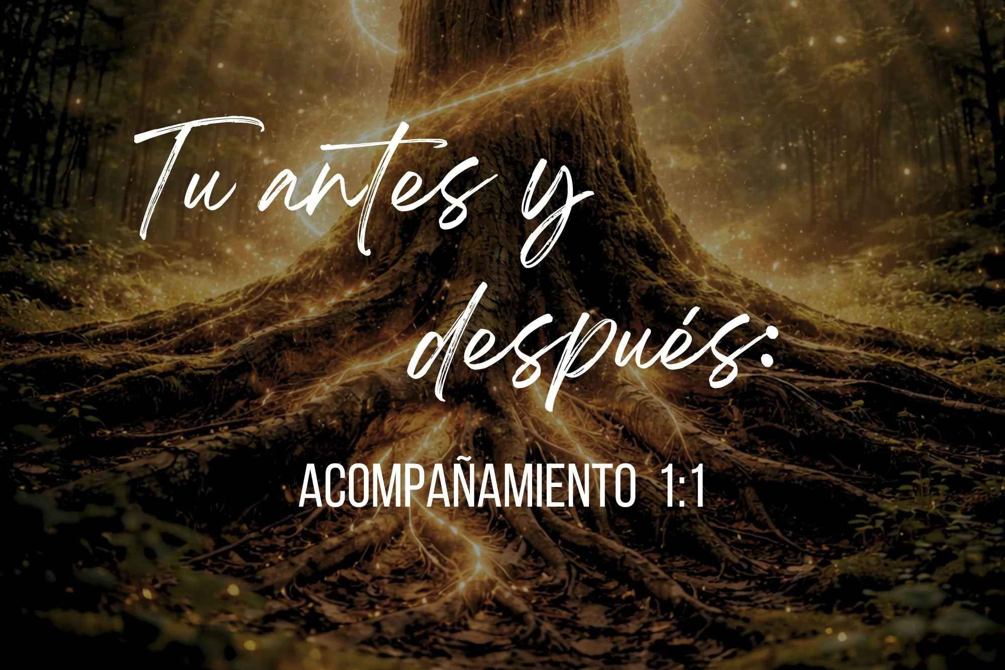 Fondo de un árbol en un bosque oscuro con luz dorada y chispas, con texto en español que dice: 'Tu antes y después: acompañamiento 1:1'.