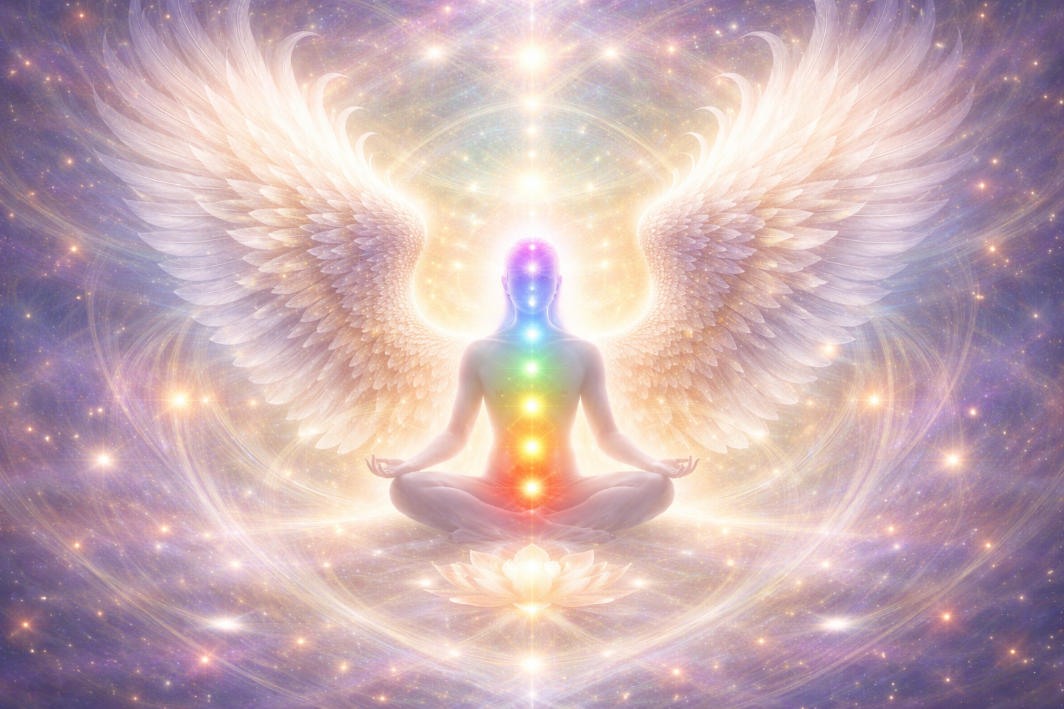 Figura espiritual en posición de meditación con alas y chakras en colores vibrantes, rodeada de estrellas y energía cósmica.