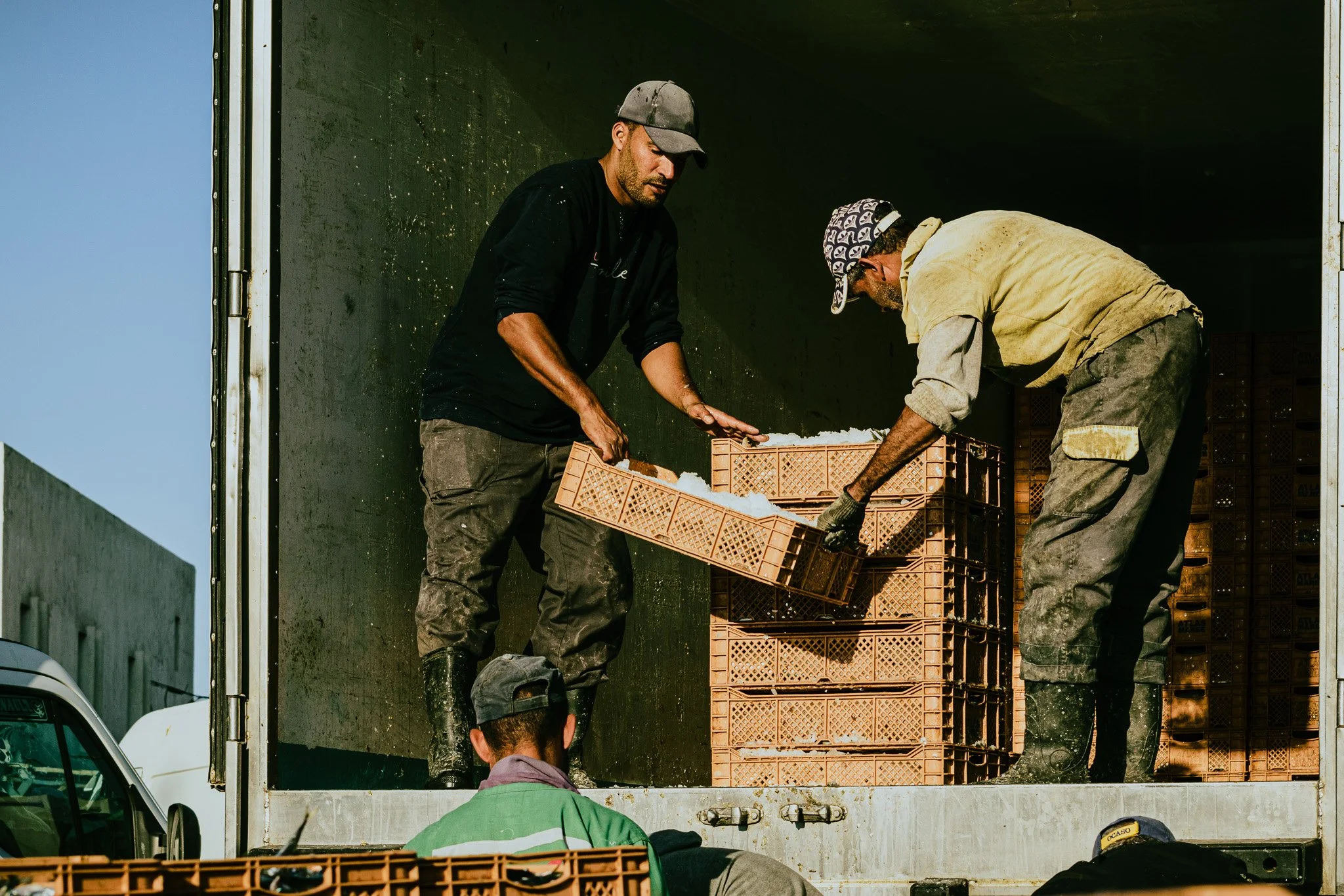 Two workers in work clothes are loading orange plastic crates into a truck, with a third man in a green vest observing from outside the truck.