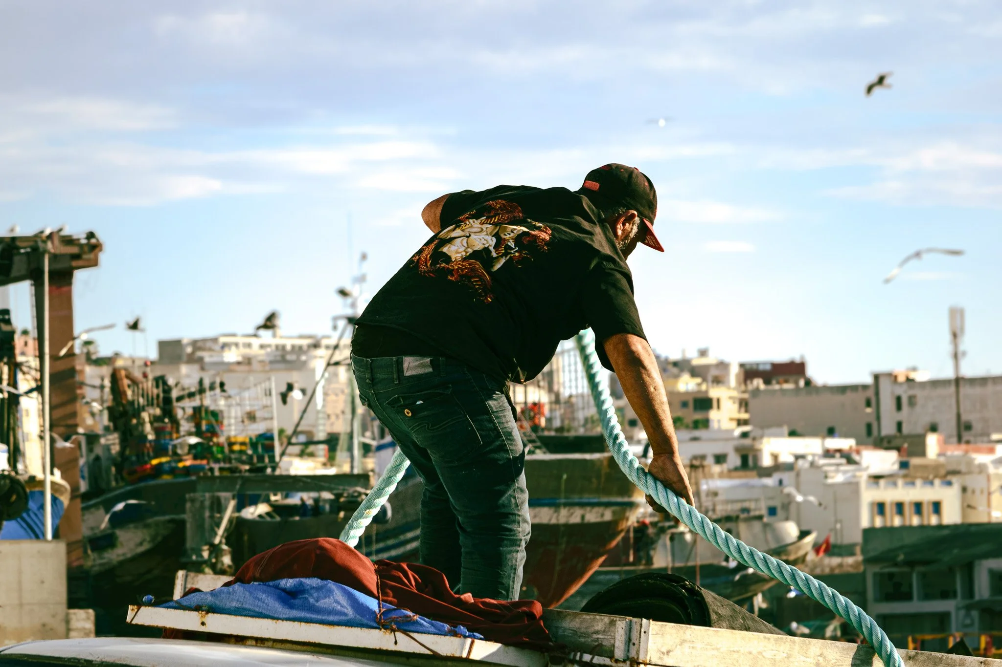A man in a black shirt, patterned with a lion design, and a black cap, working on a boat with a blue and white rope tying him down, with a city skyline in the background and seagulls flying overhead.